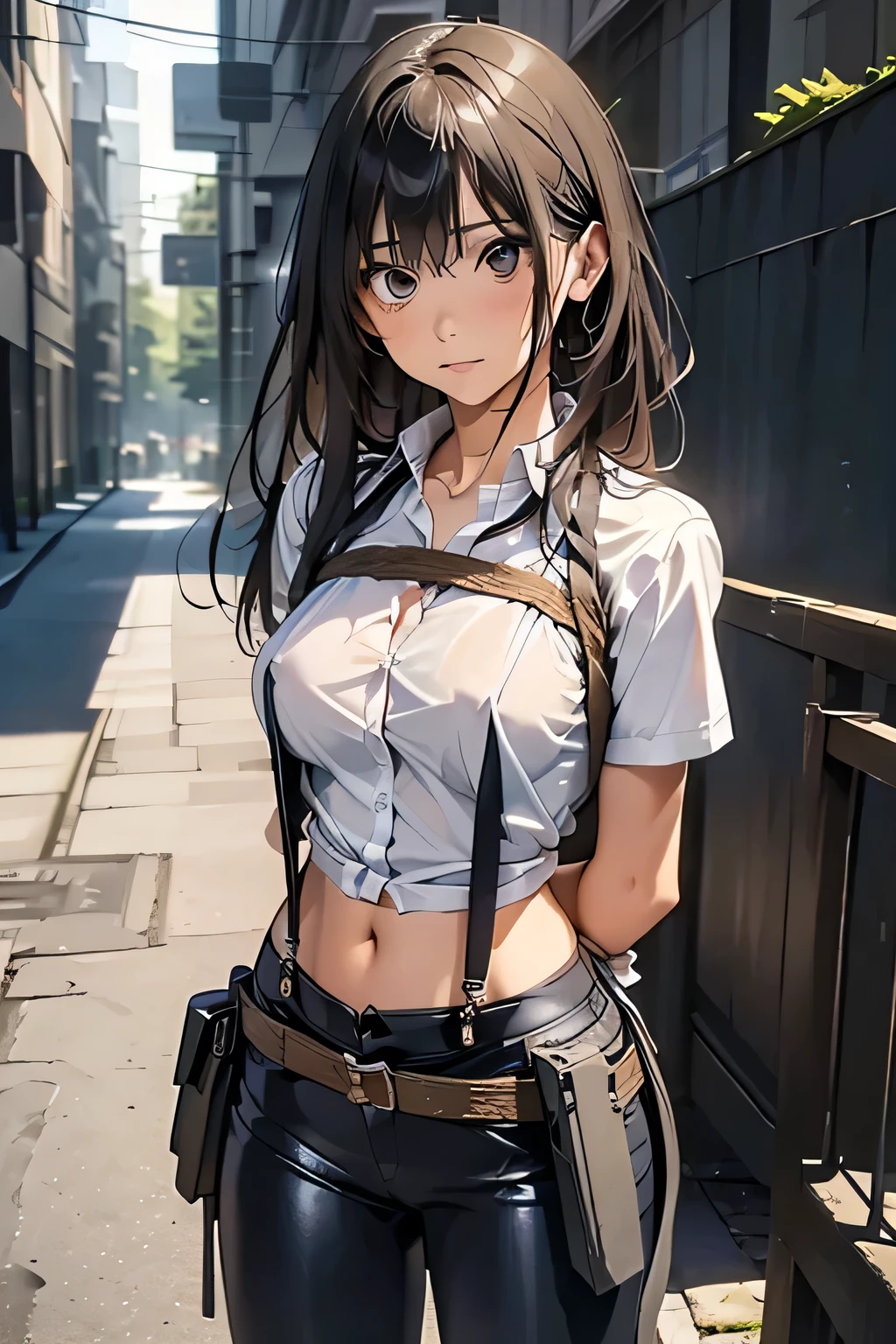 a woman in a suit, belt, hands behind back, sweating, suspenders, black pants, sexly, large breasts, see-through clothing, rain, detective, office worker, white button-up shirt, (best quality,4K,8k,highres,masterpiece:1.2),ultra-detailed,(realistic,photorealistic,photo-realistic:1.37),hyper-detailed,highly detailed face and body, Slender　thin　suspenders　Moderate breasts　See-through shirt　Nipples　holster　chain　Pistol　Armament　criminal　Female criminal　knife　japanese　profile　Japanese women　arrested handcuff　belt　The woman has her hands tied、((Put your hands behind your back))、((Place your hands together and cross them behind your back))、((Her wrists are tied with rope))
