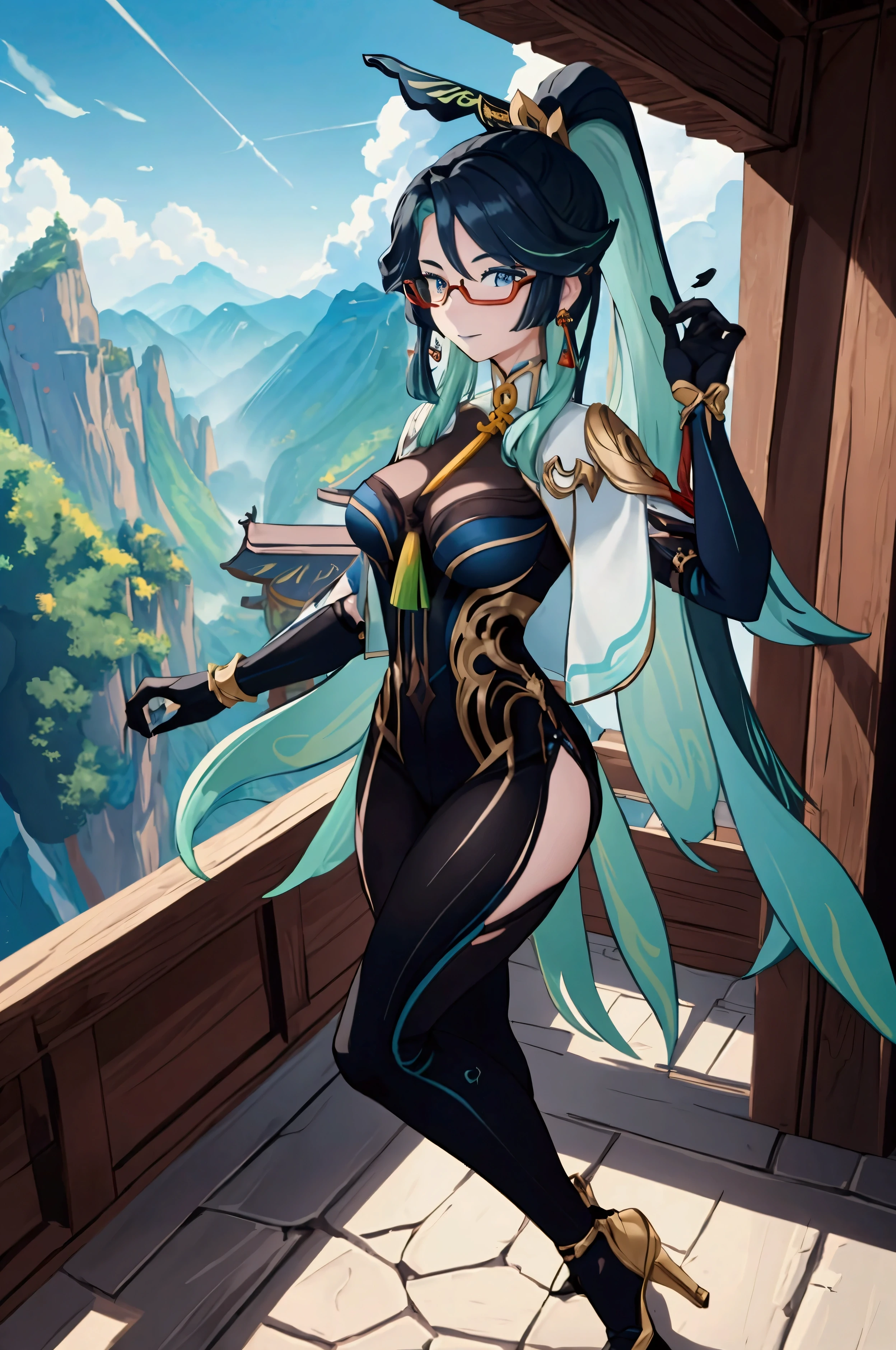 1 woman, solo, looking at viewer, xianyun, very long hair, ponytail, hair ornament, semi-rimless eyewear, earrings, black bodysuit, elbow gloves, high heels, outdoors, mountain, fantasy, scenery, sky, east asian architecture, smile, parted lips, dutch angle, legs apart, adjusting eyewear, Ultra-detailed body, (detailed body:1.3), High quality, Masterpiece, Ethereal,Ultra-Detailed,8K, divine presence, breathtaking beauty, vivid colors reflects, front view, (full body:1)