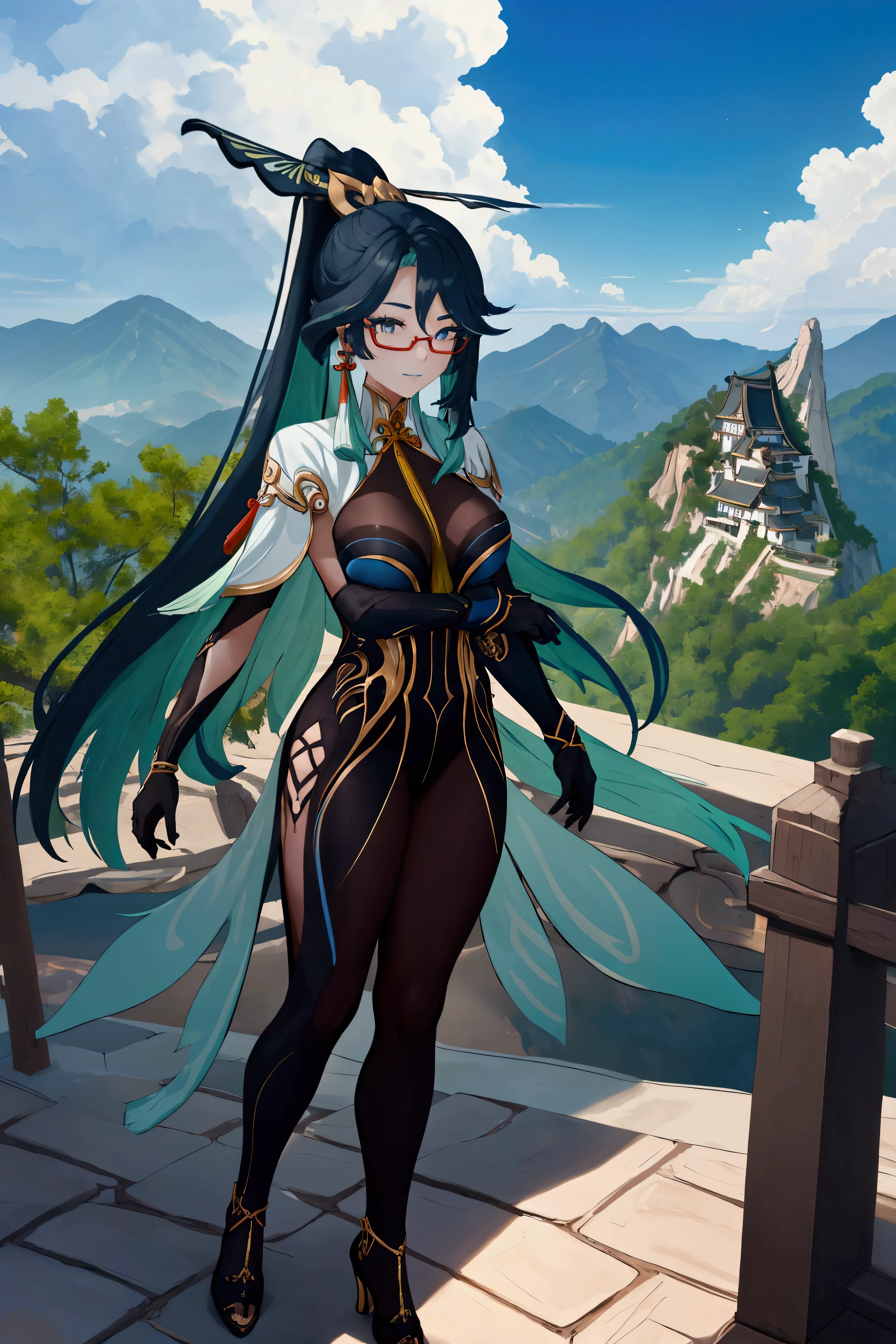 1 woman, solo, looking at viewer, xianyun, very long hair, ponytail, hair ornament, semi-rimless eyewear, earrings, black bodysuit, elbow gloves, high heels, outdoors, mountain, fantasy, scenery, sky, east asian architecture, smile, parted lips, dutch angle, legs apart, adjusting eyewear, Ultra-detailed body, (detailed body:1.3), High quality, Masterpiece, Ethereal,Ultra-Detailed,8K, divine presence, breathtaking beauty, vivid colors reflects, front view, (full body:1)