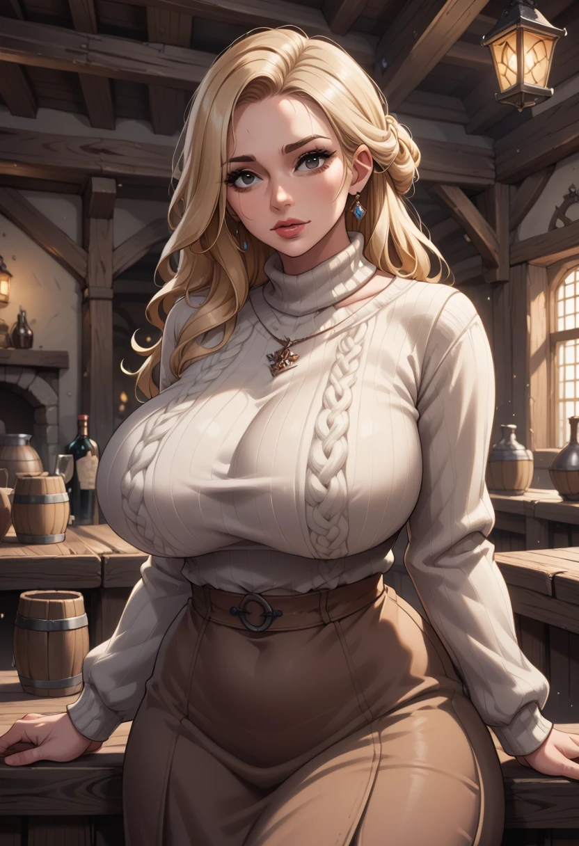 a beautiful mature woman with long blonde hair and black eyes,extremely detailed face and eyes,huge breasts,wide hips,wearing a long skirt and a modest sweater, fantasy medieval scene,in tavern, hourglass figure