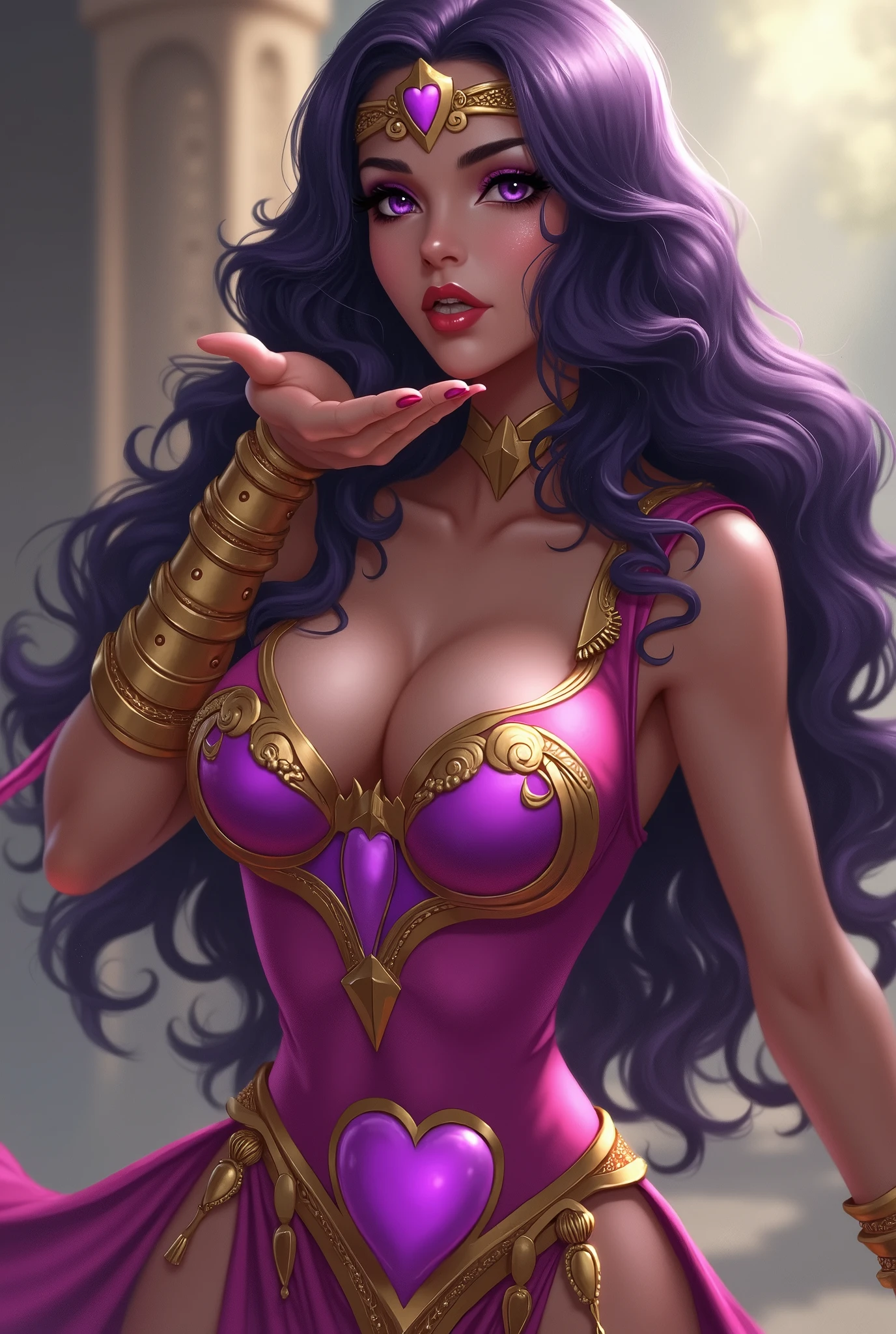((((((A young woman))), the anime, ( The eyes are green), (black hair), Nice face, ssmile, the perfect body, Wavy Hair, hairlong, (((morena))), big breastes, ((tmasterpiece, beste-Qualit)), illustartion, ультра детализированная 8k, Photorealistic, sharp-focus, higly detailed, Professional lighting, colorful details, Rainbow colors, Glowing, intricate detials, Vivid details, tulle dress, curtain dress