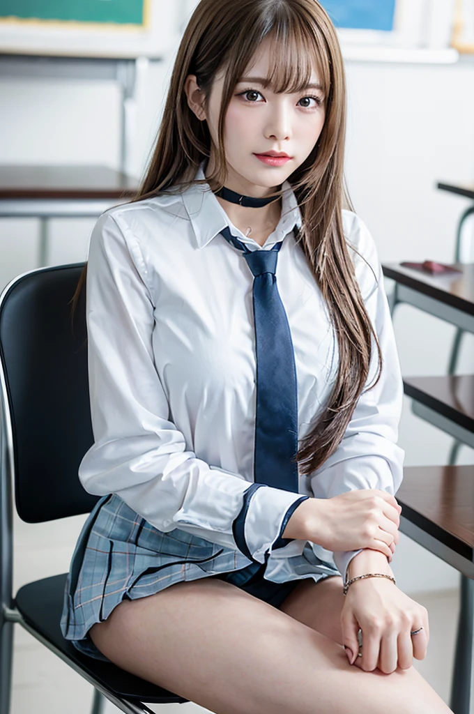 Beautiful school girl、bangs、White collared blouse、skirt、Model body type、Excellent style、Full Body Shot、Big Breasts、Facial features of a beautiful woman、Real classroom、((Sitting on a chair with legs crossed))、((slouch))、Shooting face to face