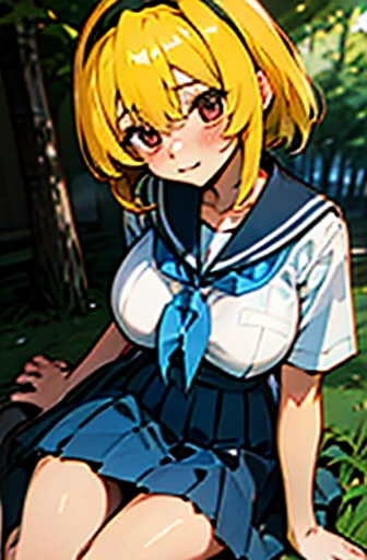 jksatoko, yellow hair,1 girl, solo, best quality, sailor school uniform, blue pleated skirt, large breasts, looking up the viewer, outside, forest, yandere, sitting down, 