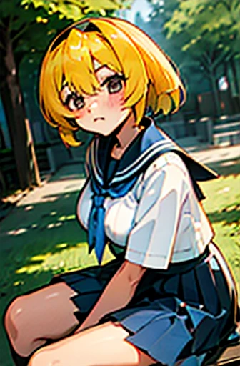 jksatoko, yellow hair,1 girl, solo, best quality, sailor school uniform, blue pleated skirt, large breasts, looking up the viewer, outside, forest, yandere, sitting down, 