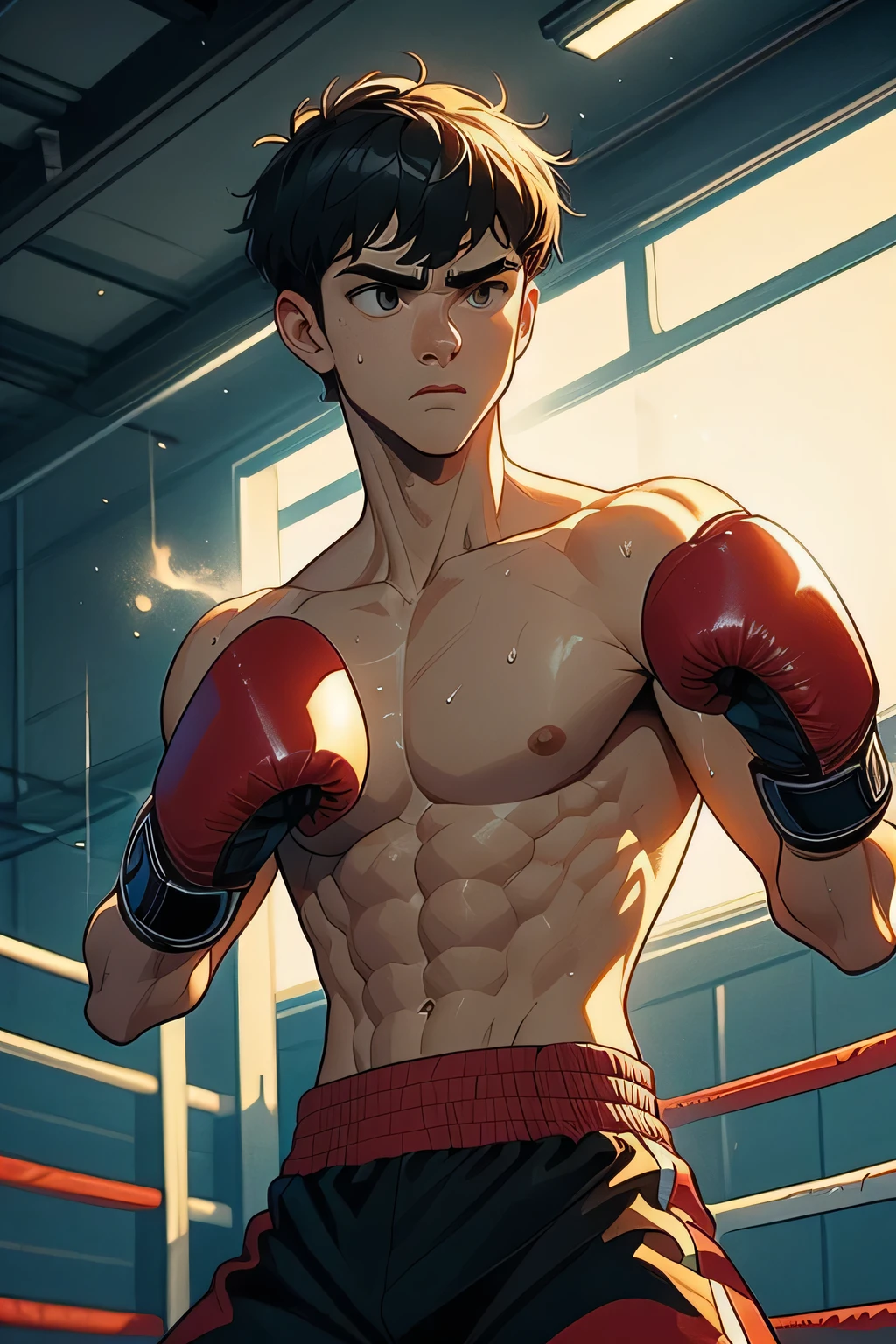 a lean, toned, fit, cute, athletic body, 20-year-old shirtless male, serious, drenched, glistening, sweating profusely, short hair, male wearing red boxing gloves, white and black boxing shorts, in the boxing ring, head to torso shot only