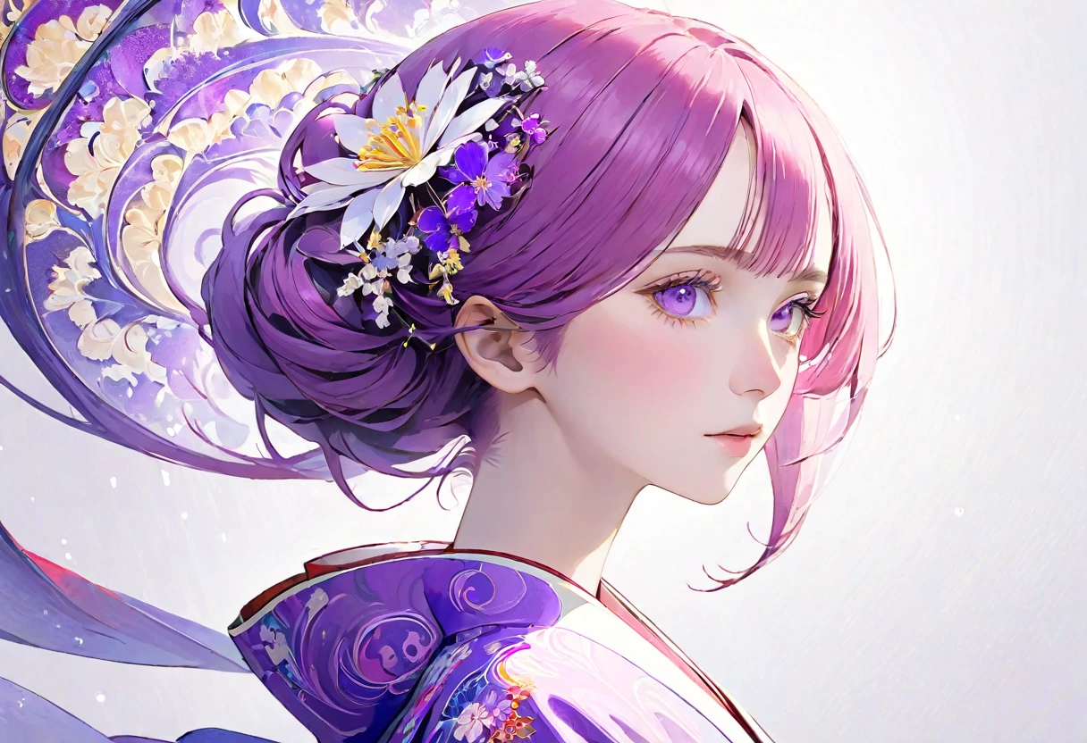 (((White background、White world)))、2、Unity 8k wallpaper、Super detailed、Beautiful and aesthetic、masterpiece、Highest quality、(Fractal Art:1.3)、One Woman、, violet eyes, Beautiful violet  hair、Japanese、Big pink、Yellow kimono、Japanese..., violet hair, violet eyes, chignon