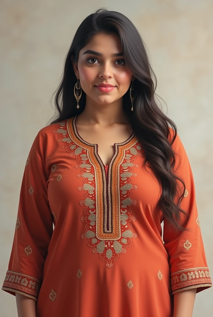 A Pakistani girl. Cute and beautiful. Heavy body shape. Real face. Wearing punjabi style kurti.
