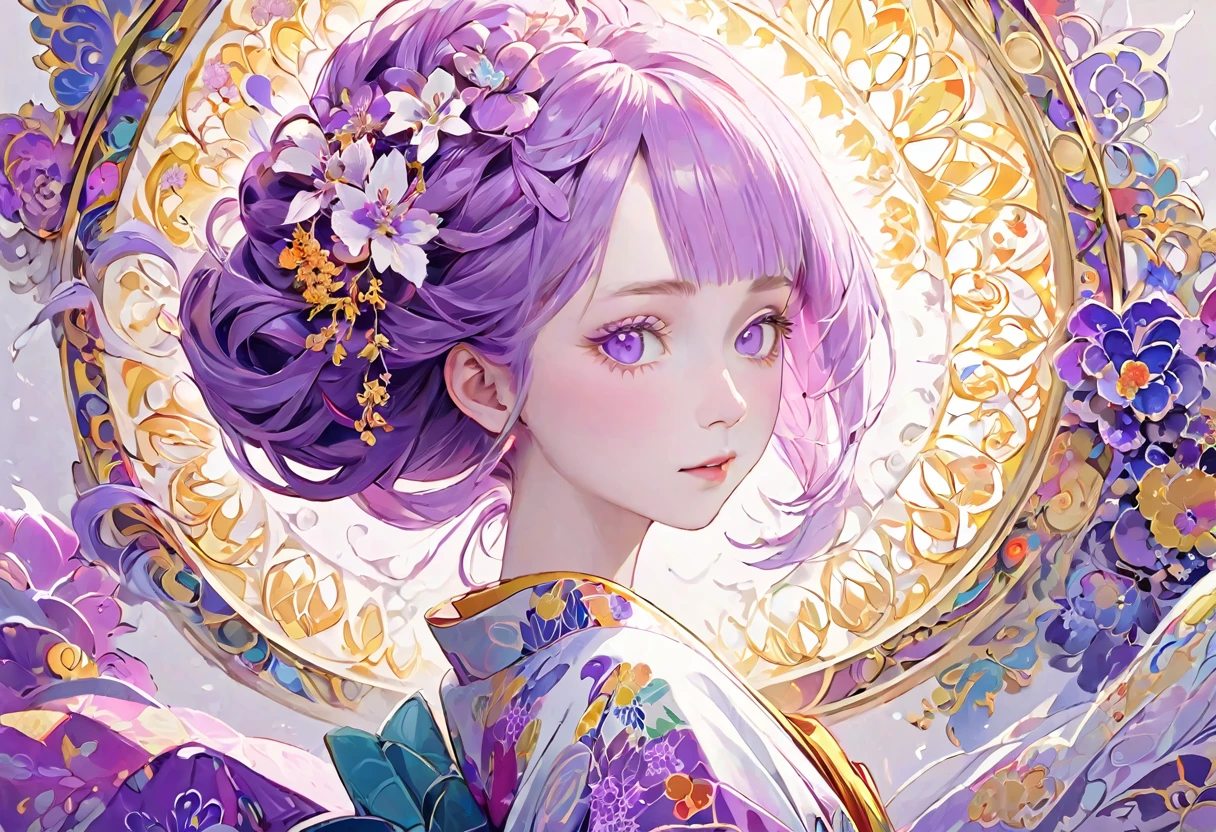 (((White background、White world)))、2、Unity 8k wallpaper、Super detailed、Beautiful and aesthetic、masterpiece、Highest quality、(Tangle、Mandala、Tangle、Tangle)、(Fractal Art:1.3)、One Woman、, violet eyes, Beautiful violet  hair、Japanese、Big pink、Yellow kimono、Japanese..., violet hair, violet eyes, chignon