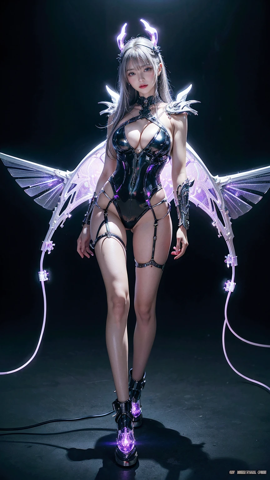 (((Full Body Shot)))、(((Full Body Shot)))、(((Full Body Shot)))、highest quality、masterpiece、High resolution、(Photorealistic:1.4)、RAW Photos、、Battle Cyborg Angel、Big metal wings、White porcelain body、Acrylic clear cover、Gray Hair、Glowing Skin、1 Cyborg Girl、beautiful girl、 ((Ultra-Realistic Details))、Global Illumination、Shadow、Octane Rendering、8k、Ultra Sharp、Character edge light,Big Brean exposed by cleavage、Intricate ve details、More about Gothic Lolita、Hydraulic cylinder、 l LED Lamp))、Very intricate details、Realistic Light、Purple eyes、Shining Eyes、(Neon Details)、Futuristic headgear、About Cyberpunk.