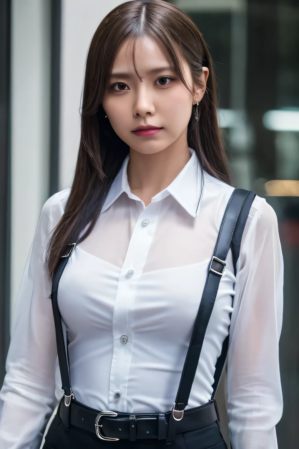 a woman in a suit, belt, hands behind back, sweating, suspenders, black pants, sexly, large breasts, see-through clothing, rain, detective, office worker, white button-up shirt, (best quality,4K,8k,highres,masterpiece:1.2),ultra-detailed,(realistic,photorealistic,photo-realistic:1.37),hyper-detailed,highly detailed face and body, Slender　thin　suspenders　Moderate breasts　See-through shirt　Nipples　holster　chain　Pistol　Armament　criminal　Female criminal　knife 　black mask　脇にホルスター
