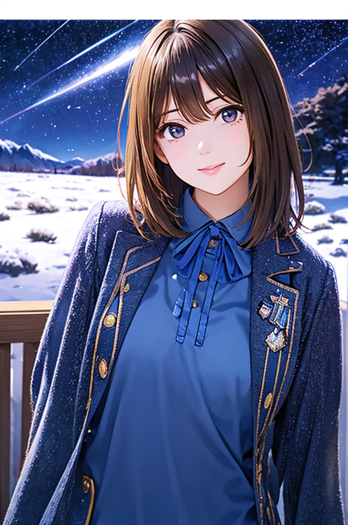 Nene Kasaki々、Shiny brown hair, short hair, (Beautiful brown eyes、Sparkling eyes, fine grain)、smile、Very fine eye、Highly detailed face, Highly detailed eyes,



Night sky above the hills. winter, winter colors, winter landscape, Starry Sky, Sky blue Prussian blue Cobalt blue Purple Cyan. planet, Shining Star, shooting star, Tree tops swaying in the wind, thre beautiful  girl in winter clothes observes the starry sky with a dreamy look.