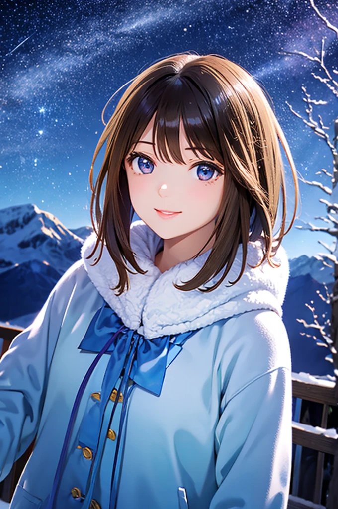 Nene Kasaki々、Shiny brown hair, short hair, (Beautiful brown eyes、Sparkling eyes, fine grain)、smile、Very fine eye、Highly detailed face, Highly detailed eyes,



Night sky above the hills. winter, winter colors, winter landscape, Starry Sky, Sky blue Prussian blue Cobalt blue Purple Cyan. planet, Shining Star, shooting star, Tree tops swaying in the wind, thre beautiful  girl in winter clothes observes the starry sky with a dreamy look.