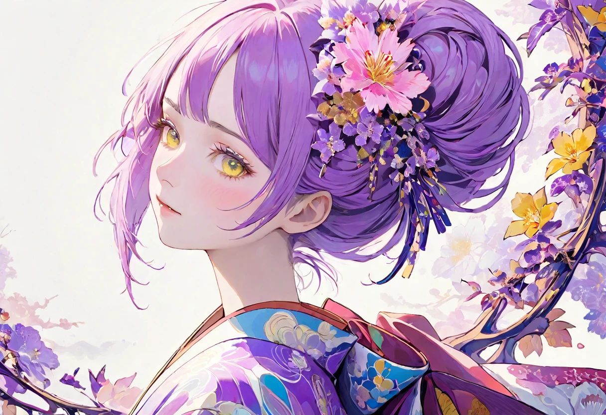 (((White background)))、2、Unity 8k wallpaper、Super detailed、Beautiful and aesthetic、masterpiece、Highest quality、(Fractal Art:1.3)、One Woman、, violet eyes, Beautiful violet  hair、Japanese、Big pink、Yellow kimono、Japanese..., violet hair, violet eyes, chignon