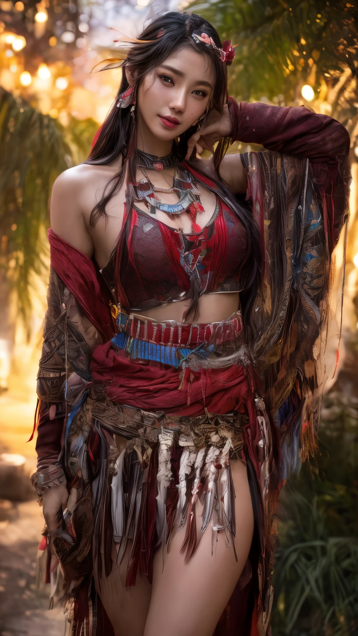 (nsfw:0.5), Cinematic、((Dark Skin、Red skin))、Feather hair ornament、girl,((Native American)),Fantasy,(One person:1.3), Detailed eyes, Detailed face, detailed  Native American clothing , Volumetric lighting, evening, Highly detailed background, Stand next to a tree, smile,, Tilt your head、Very beautiful woman、Slender women、(Detailed face)、Realistic Skin、((Delicate photo))，(Girl Masterpiece RAW Photo Details:1.25), (Highest quality:1.6), (Ultra-high resolution:1.5), (Realistic:1.75),8k resolution, ,50mm,Absurd, Ultra-detailed,Cinema Lighting、((various sexy pose)))、(((various view)))、(((various color)))、(((various type girl)))