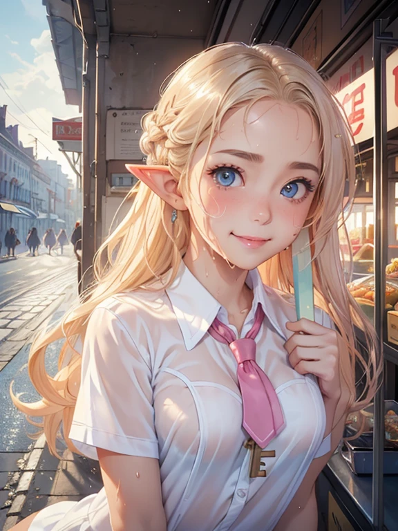 masterpiece, Highest quality, Highly detailed CG Unity 8K wallpapers,((Upper body portrait)), ((Street of Food Stalls)), (とてもcute１２Year old girl), (Shopping and eating), (Long pointy ears), Elegant long wavy platinum blonde hair, (Licking a colorful popsicle), ((Average Chest Circumference, Self-illuminating skin)), ((Unknown school uniform style)), (Sweaty, Wet white skin), (blush), , (Captivating smile), cute, Symmetrical face, fine grain, Key Art, Awards, intricate detail realism hdr, Photorealism, Hyperrealism, Ultra-realistic, Dramatic Light, Nice views, Written boundary depth