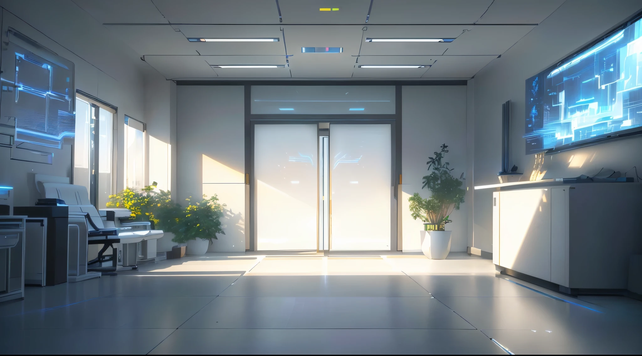 High-tech interior,Office entrance,White sliding door in the middle,There are holographic projection screens on both walls,Warm colors,Symmetrical composition,Highlight detail,Wide-angle lens,Soft side light,Futuristic,metallic feel,Glass reflection,Calm atmosphere。 Facing futuristic warm light ambient light morning light juxtaposition composition,Technology luminous lines,High-resolution details