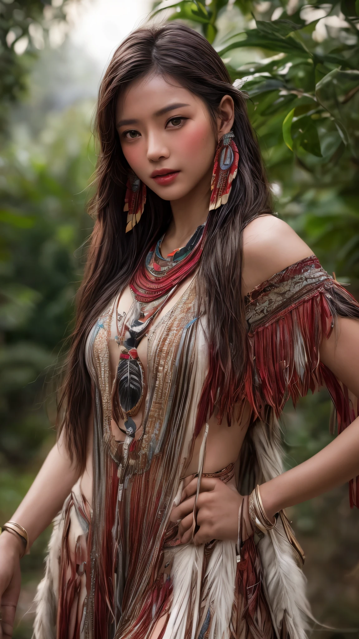 (nsfw:0.5), Cinematic、((Dark Skin、Red skin))、Feather hair ornament、girl,((Native American)),Fantasy,(One person:1.3), Detailed eyes, Detailed face, detailed  Native American clothing , Volumetric lighting, evening, Highly detailed background, Stand next to a tree, smile,, Tilt your head、Very beautiful woman、Slender women、(Detailed face)、Realistic Skin、((Delicate photo))，(Girl Masterpiece RAW Photo Details:1.25), (Highest quality:1.6), (Ultra-high resolution:1.5), (Realistic:1.75),8k resolution, ,50mm,Absurd, Ultra-detailed,Cinema Lighting、((various sexy pose)))、(((various view)))、(((various color)))、(((various type girl)))