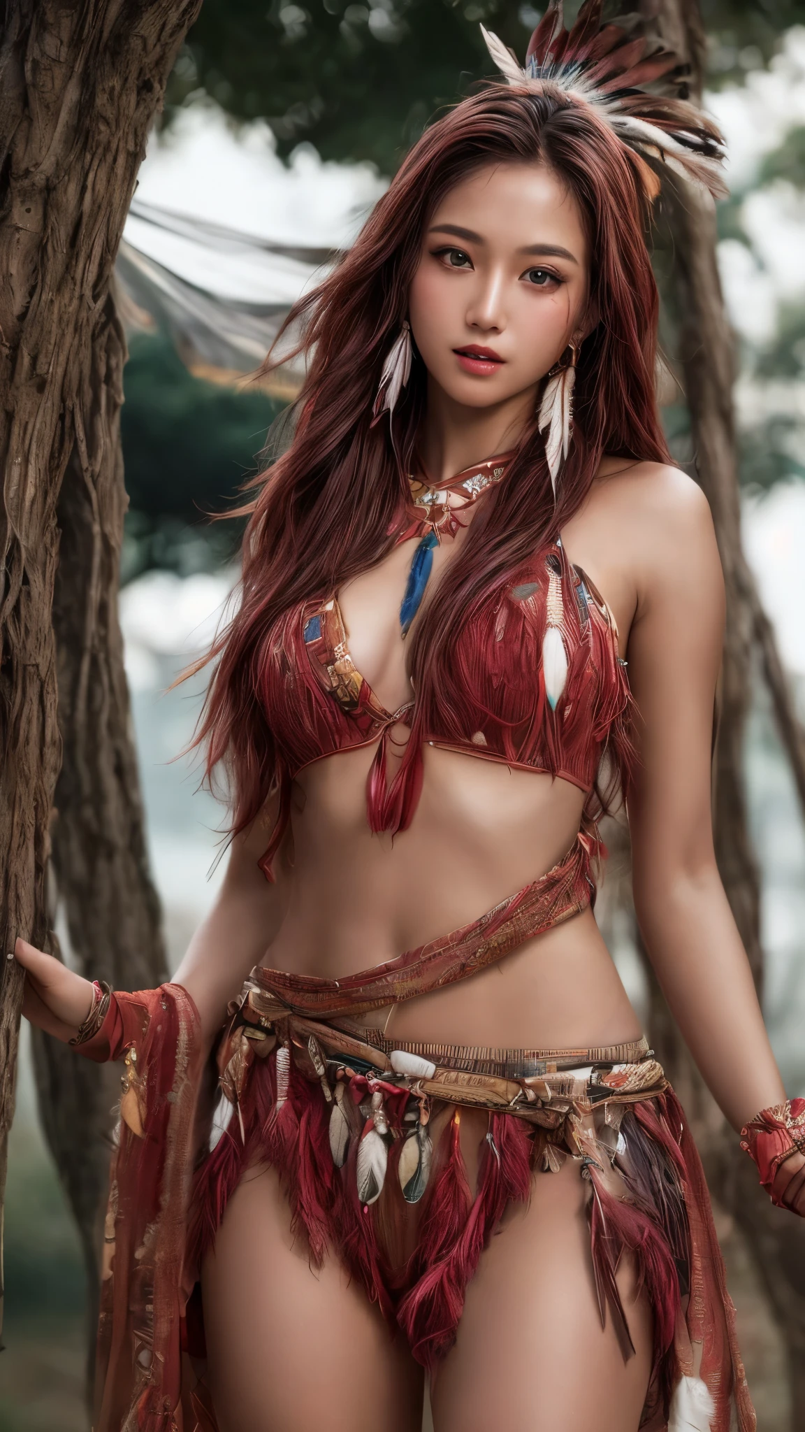 (nsfw:0.5), Cinematic、((Dark Skin、Red skin))、Feather hair ornament、girl,((Native American)),Fantasy,(One person:1.3), Detailed eyes, Detailed face, detailed Native American clothing , Volumetric lighting, evening, Highly detailed background, Stand next to a tree, smile,, Tilt your head、Very beautiful woman、Slender women、(Detailed face)、Realistic Skin、((Delicate photo)),(Girl Masterpiece RAW Photo Details:1.25), (Highest quality:1.6), (Ultra-high resolution:1.5), (Realistic:1.75),8k resolution, ,50mm,Absurd, Ultra-detailed,Cinema Lighting、((various sexy pose)))、(((various view)))、(((various color)))、(((various type girl)))