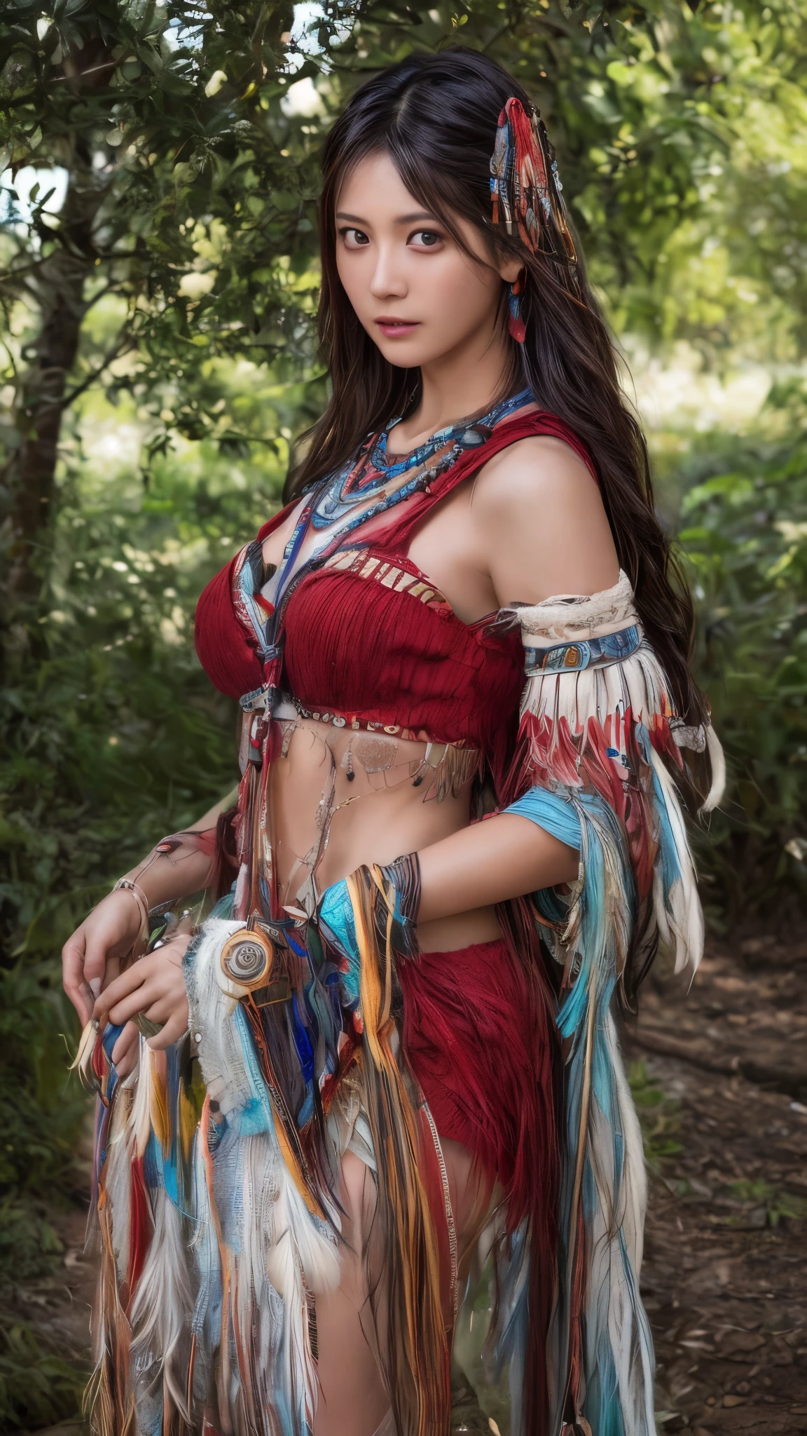 (nsfw:0.5), Cinematic、((Dark Skin、Red skin))、Feather hair ornament、girl,((Native American)),Fantasy,(One person:1.3), Detailed eyes, Detailed face, detailed  Native American clothing , Volumetric lighting, evening, Highly detailed background, Stand next to a tree, smile,, Tilt your head、Very beautiful woman、Slender women、(Detailed face)、Realistic Skin、((Delicate photo))，(Girl Masterpiece RAW Photo Details:1.25), (Highest quality:1.6), (Ultra-high resolution:1.5), (Realistic:1.75),8k resolution, ,50mm,Absurd, Ultra-detailed,Cinema Lighting、((various sexy pose)))、(((various view)))、(((various color)))、(((various type girl)))