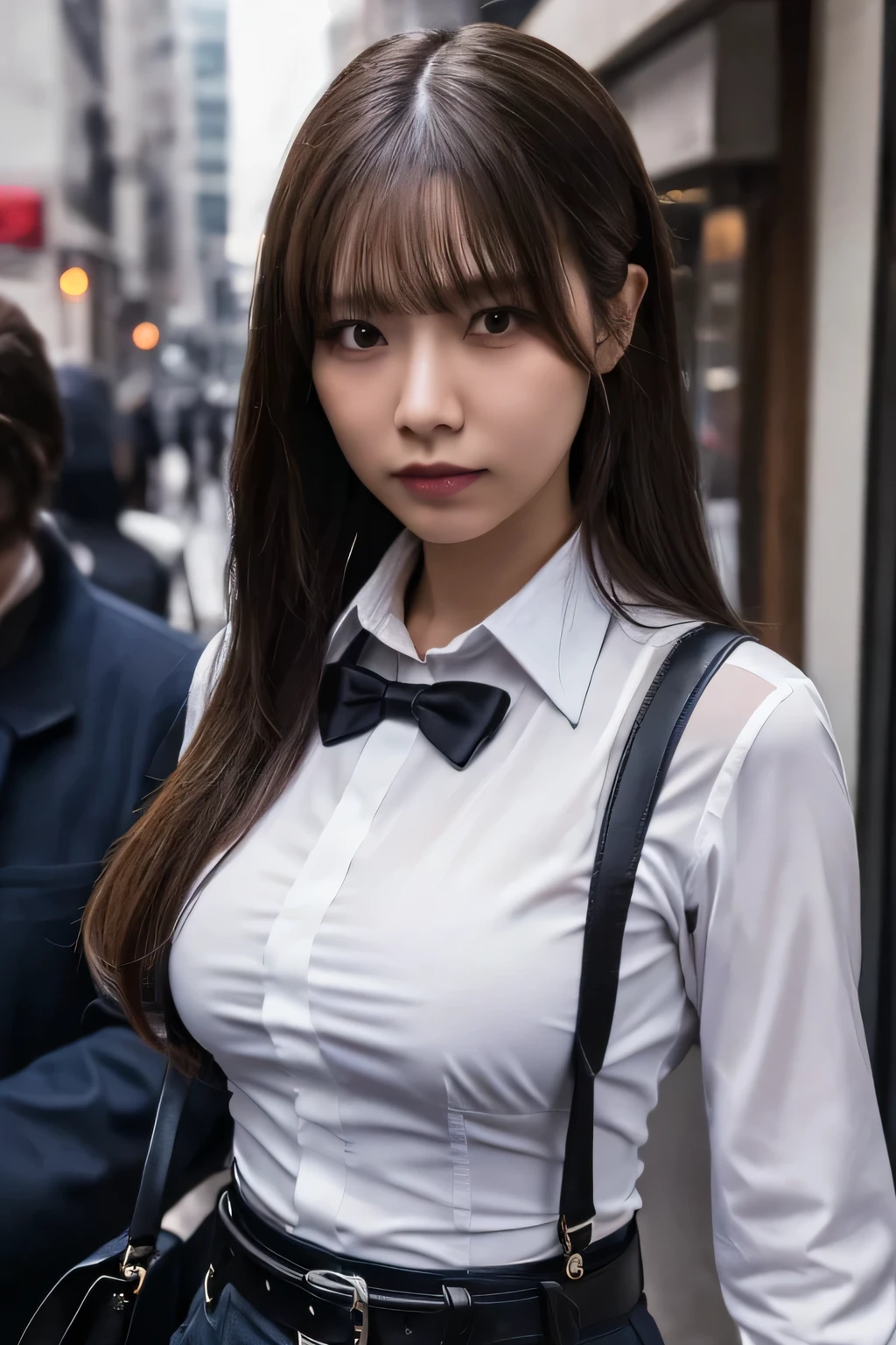 a woman in a suit, belt, hands behind back, sweating, suspenders, black pants, sexly, large breasts, see-through clothing, rain, detective, office worker, white button-up shirt, (best quality,4K,8k,highres,masterpiece:1.2),ultra-detailed,(realistic,photorealistic,photo-realistic:1.37),hyper-detailed,highly detailed face and body, Slender thin suspenders Moderate breasts See-through shirt Nipples holster chain Pistol Armament criminal Female criminal knife black mask 脇にホルスター