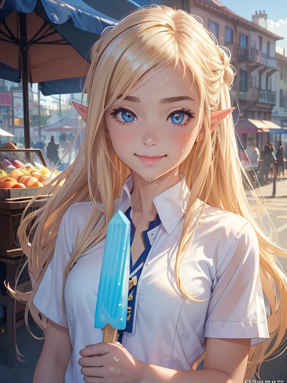 masterpiece, Highest quality, Highly detailed CG Unity 8K wallpapers,((Upper body portrait)), ((Street of Food Stalls)), (とてもcute１２Year old girl), (Shopping and eating), (Long pointy ears), Elegant long wavy platinum blonde hair, (Licking a colorful popsicle), ((Average Chest Circumference, Self-illuminating skin)), ((Unknown school uniform style)), (Wet white skin), (blush), , (Captivating smile), cute, Symmetrical face, fine grain, Key Art, Awards, intricate detail realism hdr, Photorealism, Hyperrealism, Ultra-realistic, Dramatic Light, Nice views, Written boundary depth