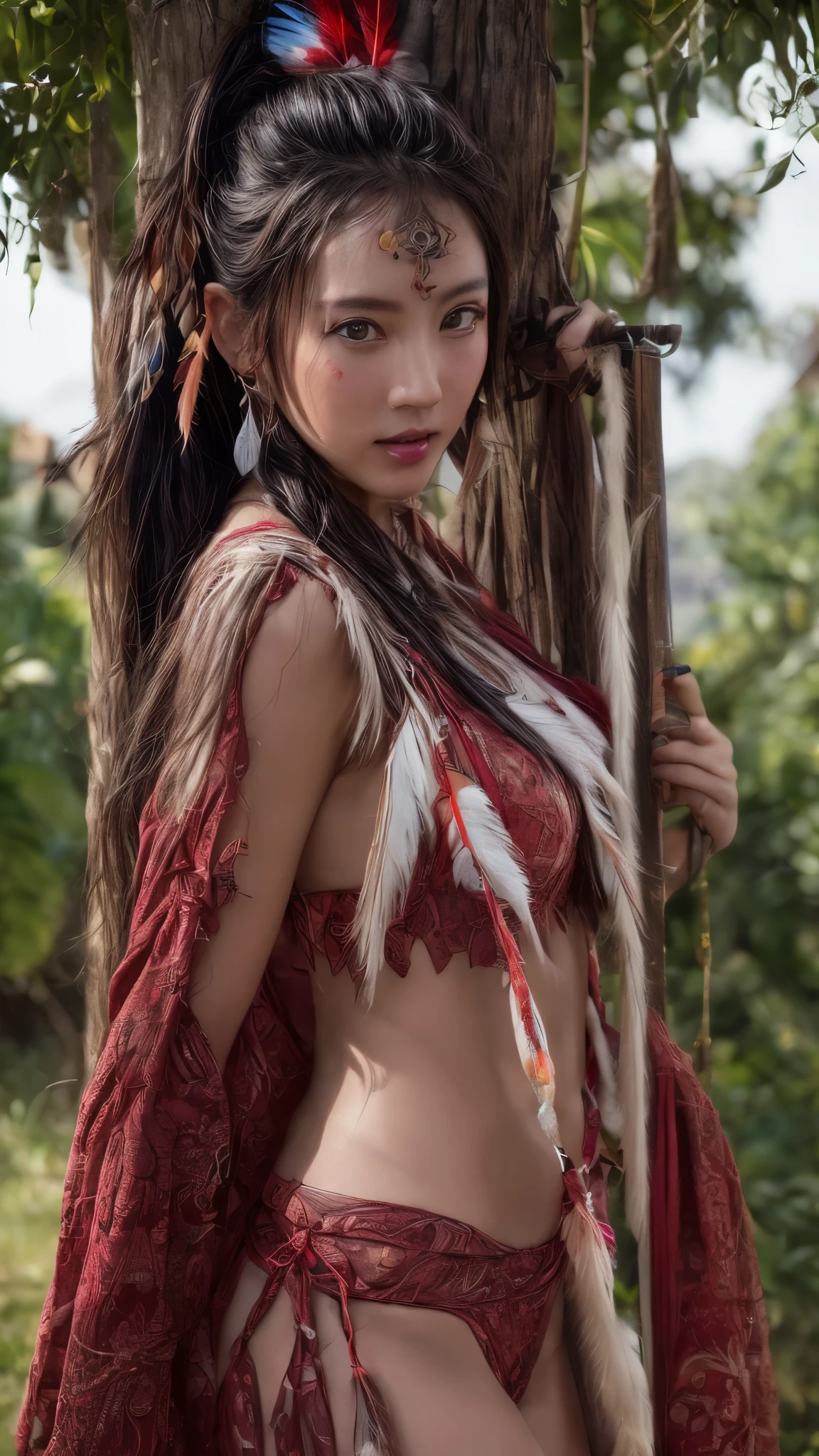 (nsfw:0.5), Cinematic、((Dark Skin、Red skin))、Feather hair ornament、girl,((Native American)),Fantasy,(One person:1.3), Detailed eyes, Detailed face, detailed  Native American clothing , Volumetric lighting, evening, Highly detailed background, Stand next to a tree, smile,, Tilt your head、Very beautiful woman、Slender women、(Detailed face)、Realistic Skin、((Delicate photo))，(Girl Masterpiece RAW Photo Details:1.25), (Highest quality:1.6), (Ultra-high resolution:1.5), (Realistic:1.75),8k resolution, ,50mm,Absurd, Ultra-detailed,Cinema Lighting、((various sexy pose)))、(((various view)))、(((various color)))、(((various type girl)))