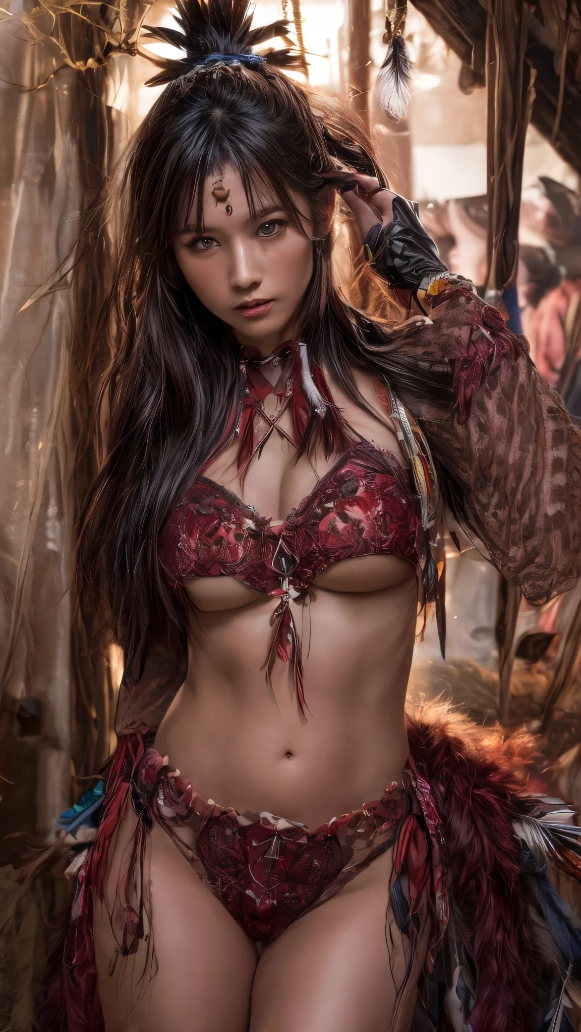 (nsfw:0.5), Cinematic、((Dark Skin、Red skin))、Feather hair ornament、girl,((Native American)),Fantasy,(One person:1.3), Detailed eyes, Detailed face, detailed Native American clothing , Volumetric lighting, evening, Highly detailed background, Stand next to a tree, smile,, Tilt your head、Very beautiful woman、Slender women、(Detailed face)、Realistic Skin、((Delicate photo)),(Girl Masterpiece RAW Photo Details:1.25), (Highest quality:1.6), (Ultra-high resolution:1.5), (Realistic:1.75),8k resolution, ,50mm,Absurd, Ultra-detailed,Cinema Lighting、((various sexy pose)))、(((various view)))、(((various color)))、(((various type girl)))