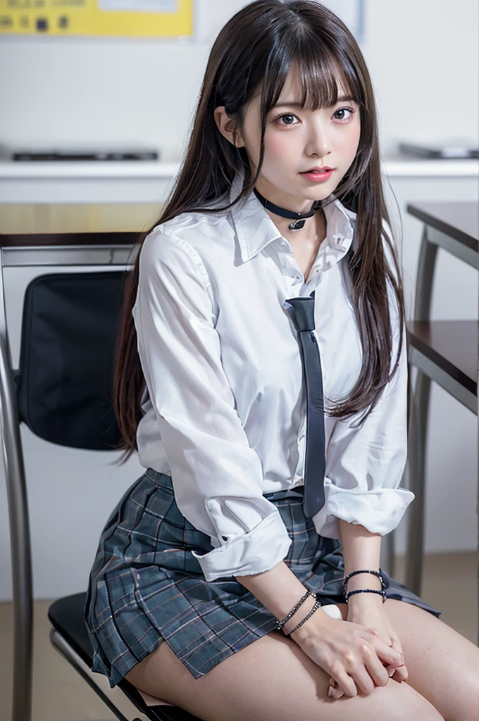 Beautiful 1 schoolgirl、bangs、Long Black Hair、White collared blouse、skirt、Model body type、Excellent style、Full Body Shot、Big Breasts、Facial features of a beautiful woman、Real classroom、((Sitting on a chair with legs apart))、((slouch))、Shooting face to face、(((skirtをめくっている)))、Erotic