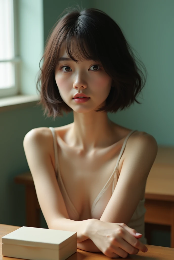 Short Hair Woman、hair is semi-long and dark brown,、Looking calmly at the camera、Sit on the bed、Lean slightly forward towards the camera、White camisole、Raising his arms、The tight fit is emphasized、indoor、There is a bookshelf behind her.、table、I can see the door、Part of the living space、indoorの明るい照明で、A slightly cooler tone of light、a quiet and private space、Calm atmosphere、Short bangs、Young Japanese、Round face