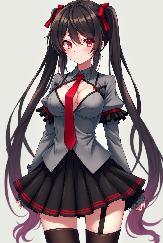 school uniform, <lora:sansan-10:0.9>,sansan,long hair,light smile,symbol-shaped pupils,cleavage,best quality