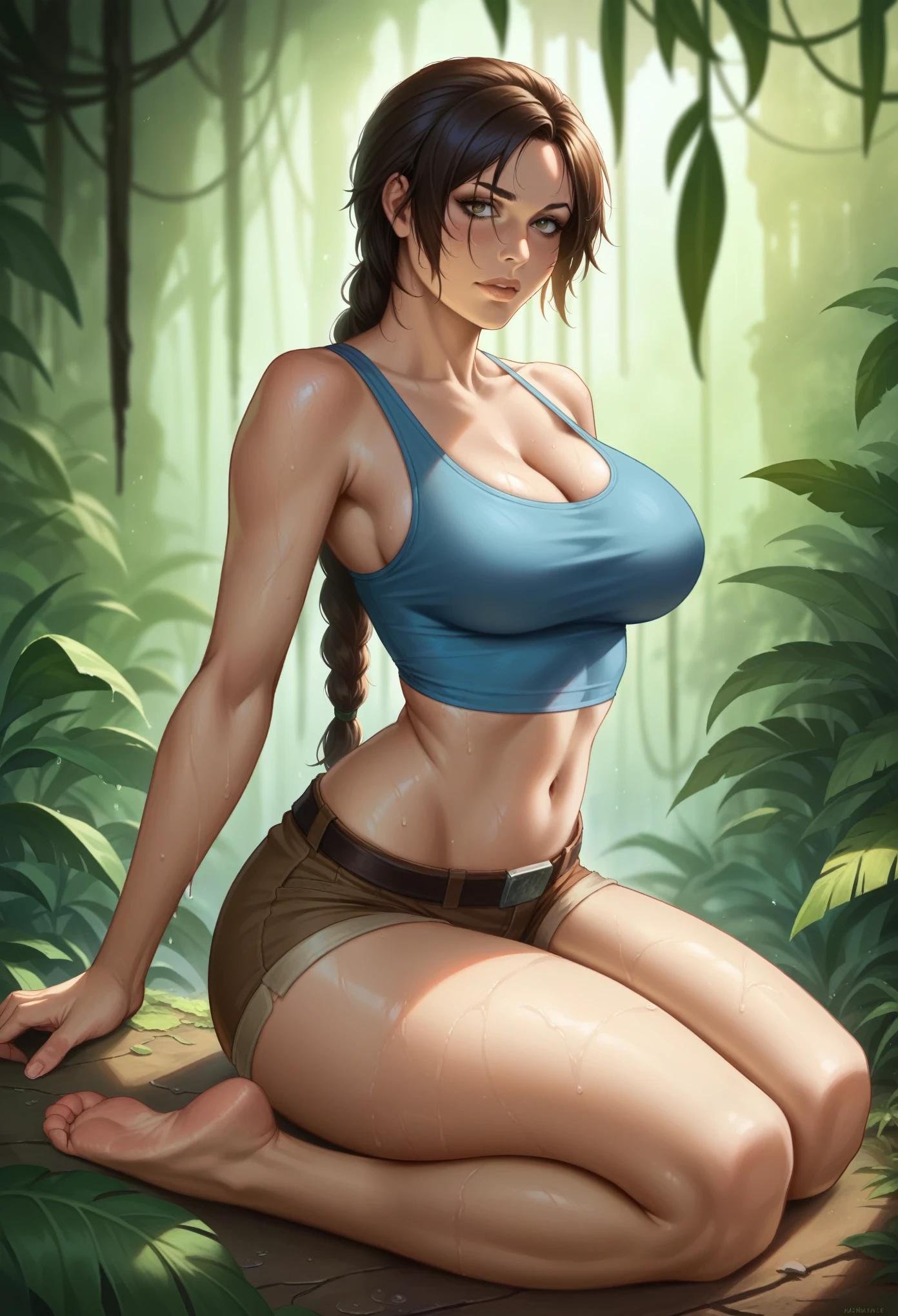 Lara Croft, shadows of the tomb raider, wearing a cropped blue tank top and lowrise small shorts, midriff showing, detailed face, attractive face, Hot, sexy, beautiful body features, hourglass body figure, full body, body, curvy flanks, flat stomach, no abs, big breasts, very large breasts, big ass, thick thighs, jungle environment, wet atmosphere, Heavy rain, stormy weather, wet & dirty skin, Unreal engine, photo realistic, dynamic lighting, poster, volumetric lighting, high resolution, detailed textures