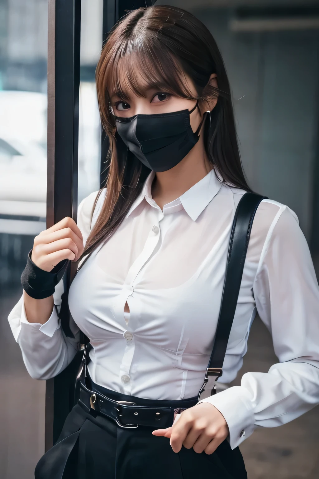 a woman in a suit, belt, hands behind back, sweating, suspenders, black pants, sexly, large breasts, see-through clothing, rain, detective, office worker, white button-up shirt, (best quality,4K,8k,highres,masterpiece:1.2),ultra-detailed,(realistic,photorealistic,photo-realistic:1.37),hyper-detailed,highly detailed face and body, Slender　thin　suspenders　Moderate breasts　See-through shirt　Nipples　holster　chain　Pistol　Armament　criminal　Female criminal　knife 　black mask　脇にホルスター
