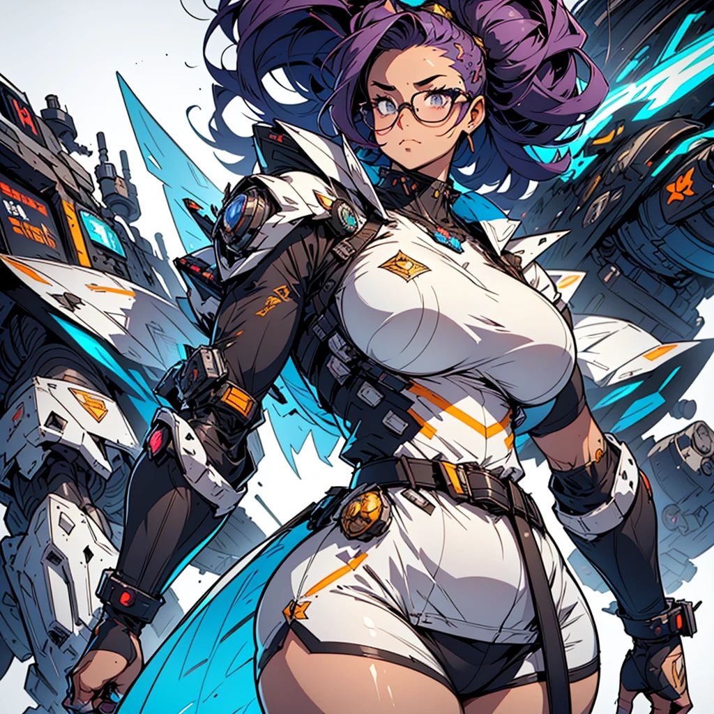 Close-up of a chubby girl in a mecha bodysuit, ((character concept art)), ((character design sheet, same character, front, side, back)) character art of maple story, video game character design, video game character design, maple story  chubby  girl, busty, girl wearing cute mecha hairpin on her head, dark violet hair, large spiked messy hairstyle , spiked messy hairstyle, large glasses, white glowing decoration on girl's mecha armor, expert high detail concept art, metal bullet concept art, funny character design, plump woman anime inspiration, sticky tar. Concept art, belt buckle at waist, mechanical weapon, mechanical wings