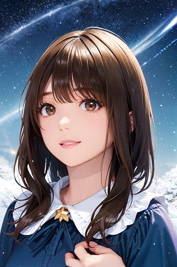 Shiny brown hair, short hair, (Beautiful brown eyes、Sparkling eyes, fine grain)、smile、Very fine eye、Highly detailed face, Highly detailed eyes,Night sky above the hills. winter, winter colors, winter landscape, Starry Sky, Sky blue Prussian blue Cobalt blue Purple Cyan. planet, Shining Star, shooting star, Tree tops swaying in the wind, thre beautiful  girl in winter clothes observes the starry sky with a dreamy look.