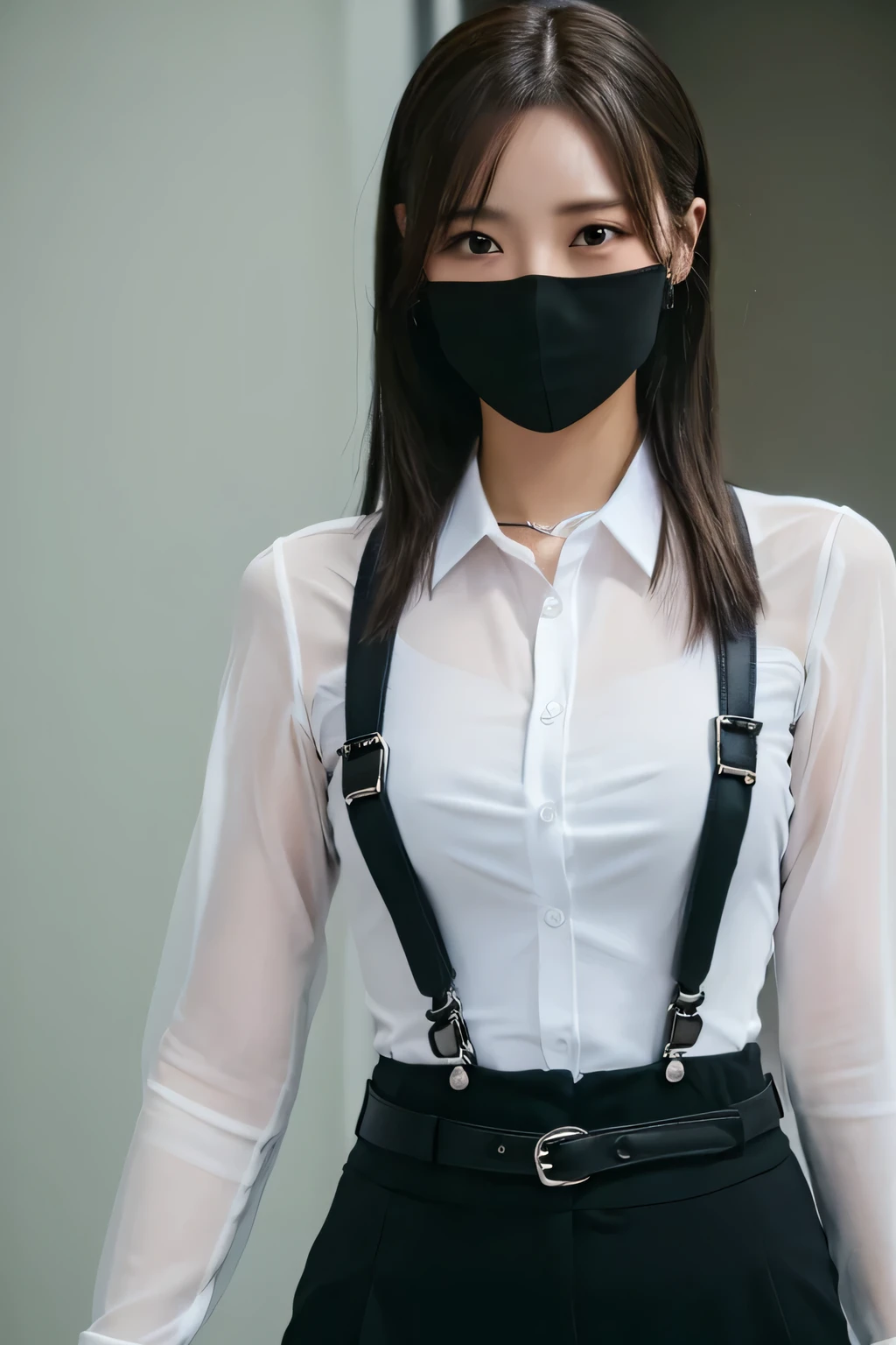 a woman in a suit, belt, hands behind back, sweating, suspenders, black pants, sexly, large breasts, see-through clothing, rain, detective, office worker, white button-up shirt, (best quality,4K,8k,highres,masterpiece:1.2),ultra-detailed,(realistic,photorealistic,photo-realistic:1.37),hyper-detailed,highly detailed face and body, Slender　thin　suspenders　Moderate breasts　See-through shirt　Nipples　holster　chain　Pistol　Armament　criminal　Female criminal　knife 　black mask