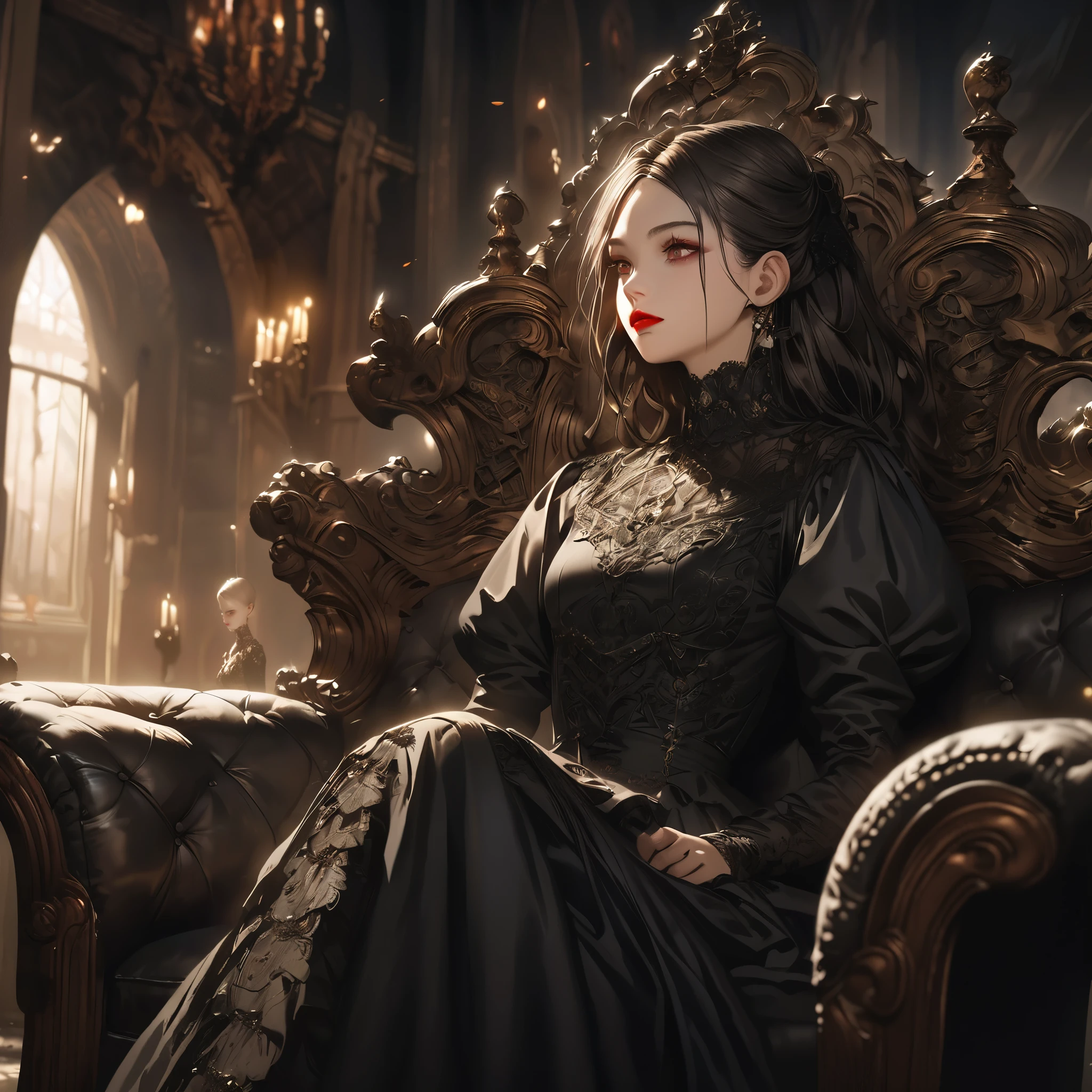 a beautiful gothic ****ta girl, sitting alone on a black sofa, wearing a detailed black dress with white lace, surreal, high resolution, extremely detailed, most detailed, red lips,break, and gothic knight,standing girl side,break,baroque, intricate, cinematic lighting, dramatic composition, rich textures, vivid colors, photorealistic, "goth girls" style