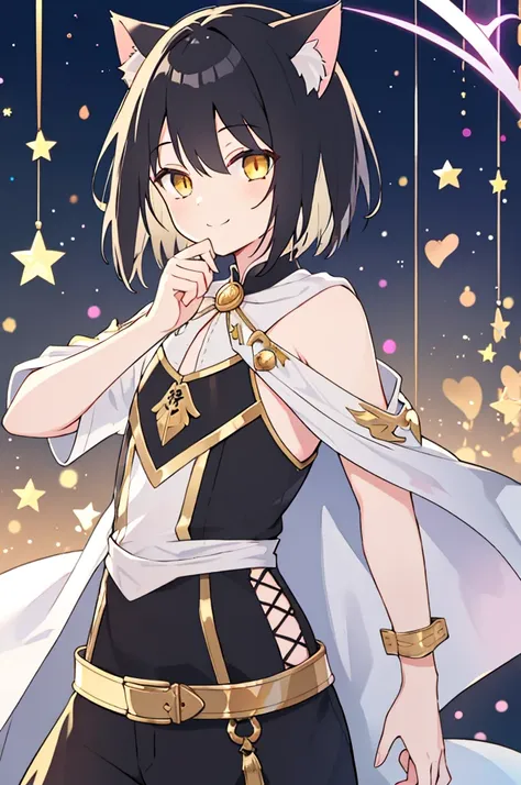 a boy with black hair and cat ears, golden eyes, straight hair, short hair, shoulder-length hair, cute smile, magician&#39;s cap...