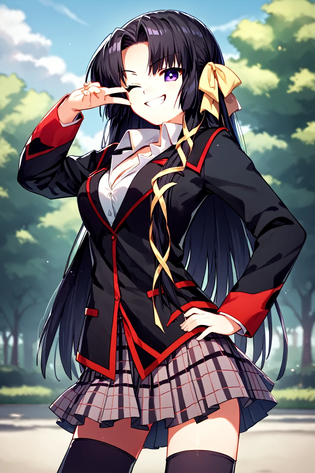 score_9, score_8_up, score_7_up, score_6_up, rating_safe, source_anime, best quality, masterpiece, detailed background, detailed eyes, outdoors, school, hand on hip, wink, smug grin, kurugaya yuiko, black hair, purple eyes, medium breasts, full breasts, black uniform with red trim, pleated grey plaid skirt, black stockings,