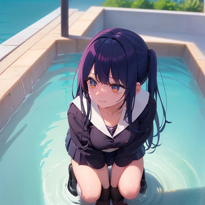 blue eyes, wearing long plain white shirt, high res, ultrasharp, masterpiece, wet shirt, black short hair, skinny legs, penetrate pussy, crowd not notice visible to viewer, secretly having sex, tiny girl, very close to other people, lay on side, seats in big crowd, dick touch hair