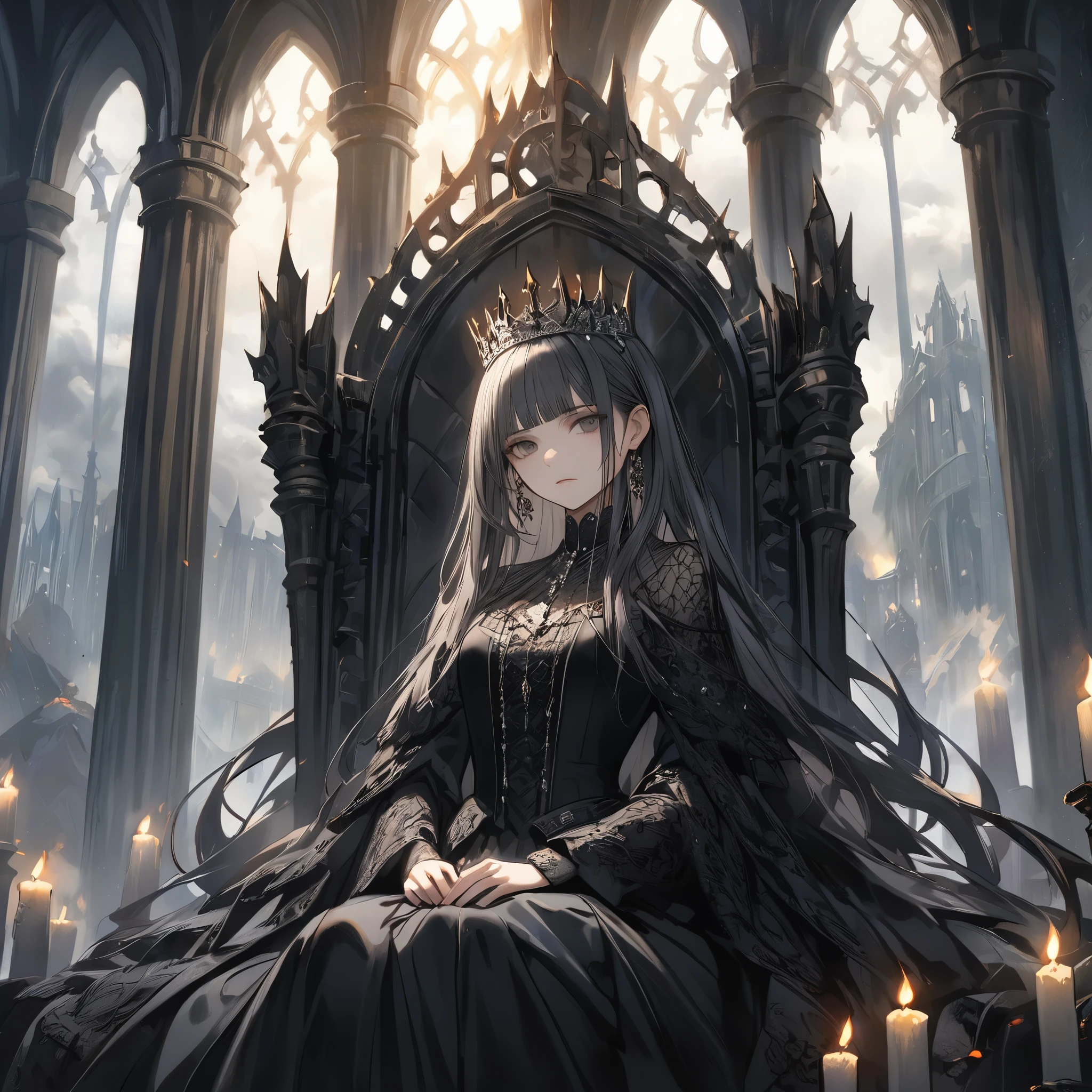 detailed portrait of a Gothic queen seated on a grand, dark throne made of iron and velvet, surrounded by towering stone columns. The queen wears a flowing black gown adorned with lace and intricate silver jewelry. Behind her, tall arched windows reveal a stormy, overcast sky. The atmosphere is regal and foreboding, with candles burning dimly around her, casting long shadows throughout the room