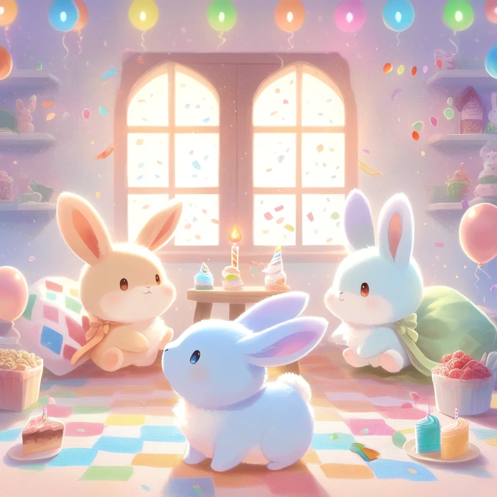 cuteAn illustration,Rabbitの幼稚園,Rabbitの親子:animal:cute:approach:Comfortable and warm:looks happy,An illustration,pop,colorfulに,color,,Lamp light,Rabbitの親子:Dreaming happily,The room is warm and full of happiness..,,colorful,Fancy,Fantasy,patchwork:quilt,detailed explanation,fluffy,Randolph Caldecott Style,Rabbit,最高にcuteRabbit,fluffyRabbit,birthday,birthdayケーキ,Sparkling,Magical Effects,Magic Light,Magical Effects,Dream world,Wall Decor,celebration,Confetti,