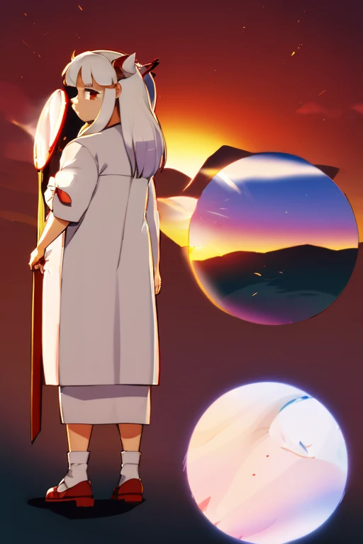 (((Inuyasha, costume, round mirror, looking at me, Kanna)))