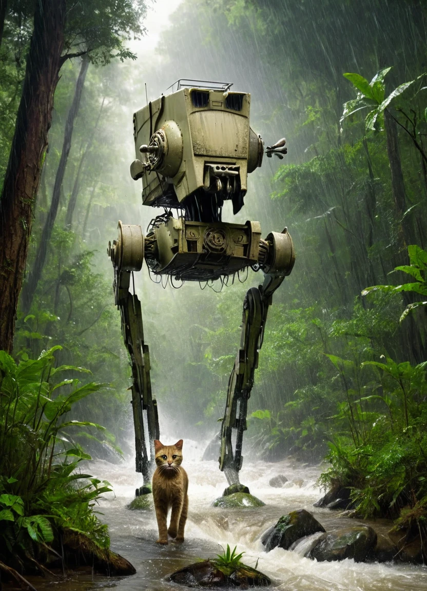 atstwlkr A machine walking through a river in the forest, Dense forest, Dense vegetation, sand, stone, heavy rain, Dark Sky,Cat
