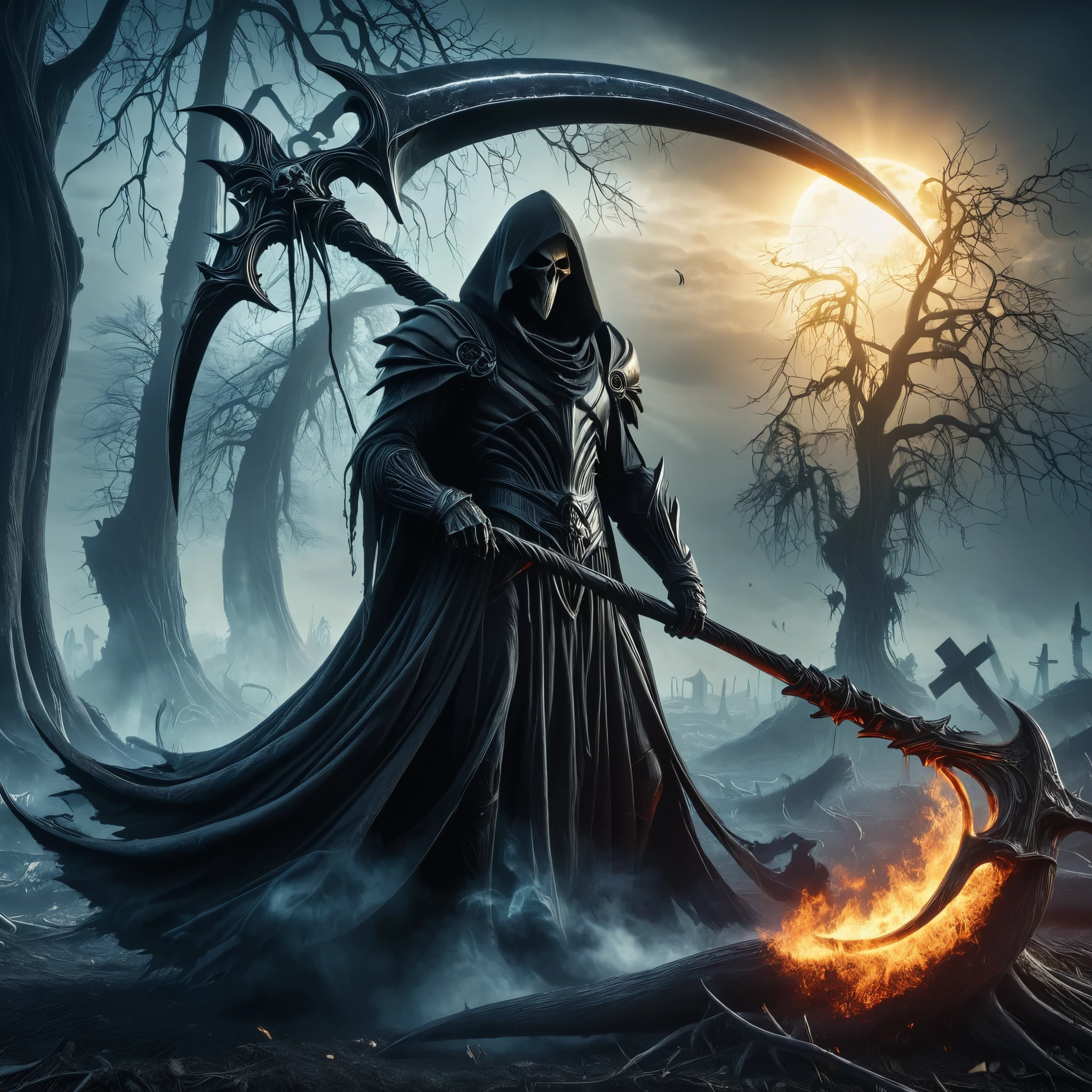 Grim reaper, Giant sickle, death scythe, shape that reaps life,end of the world, symbol of destruction, destruction, dark fantasy,smoke, rotten tree, solar eclipse, DonMN1gh7XL