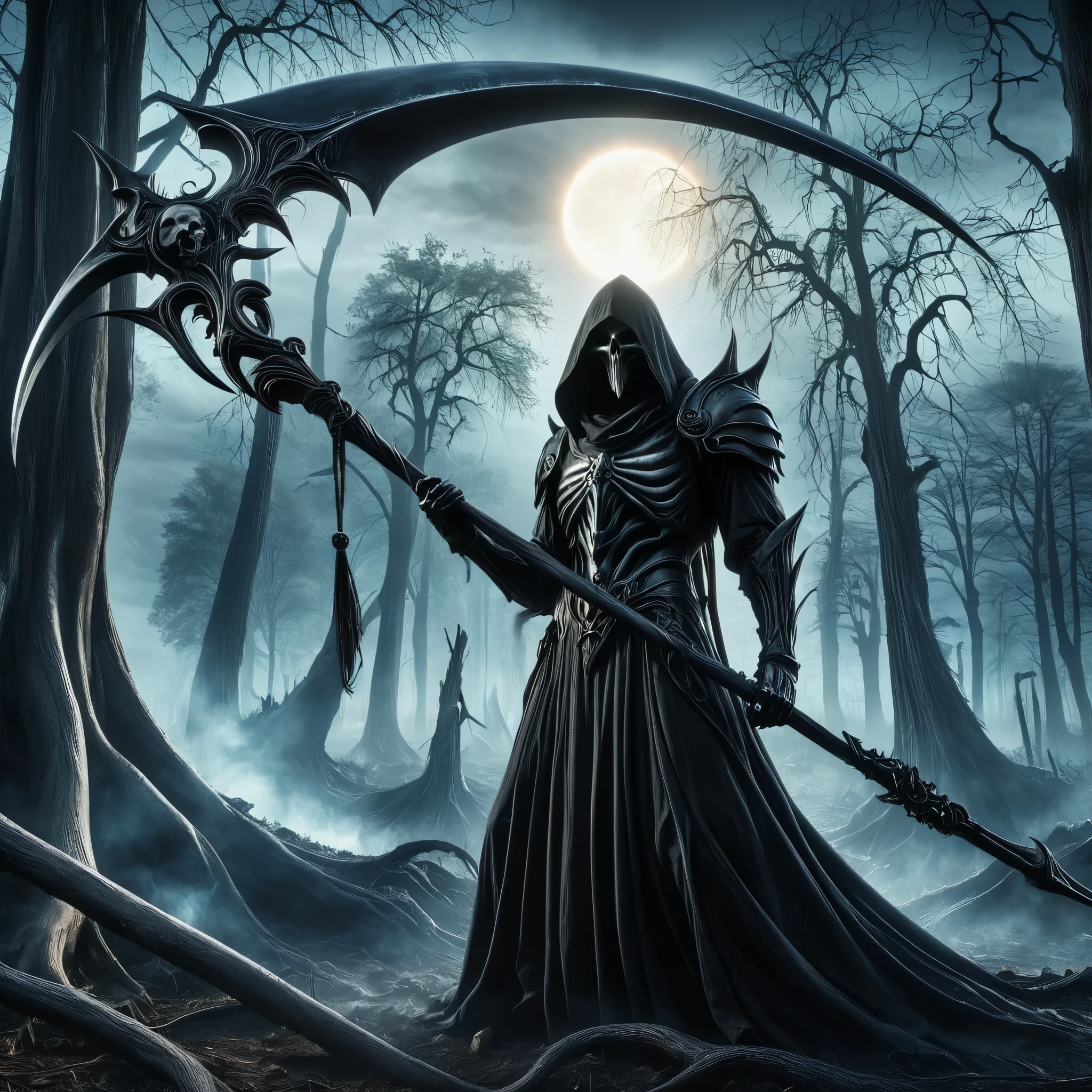 Grim reaper, Giant sickle, death scythe, shape that reaps life,end of the world, symbol of destruction, destruction, dark fantasy,smoke, rotten tree, solar eclipse, DonMN1gh7XL