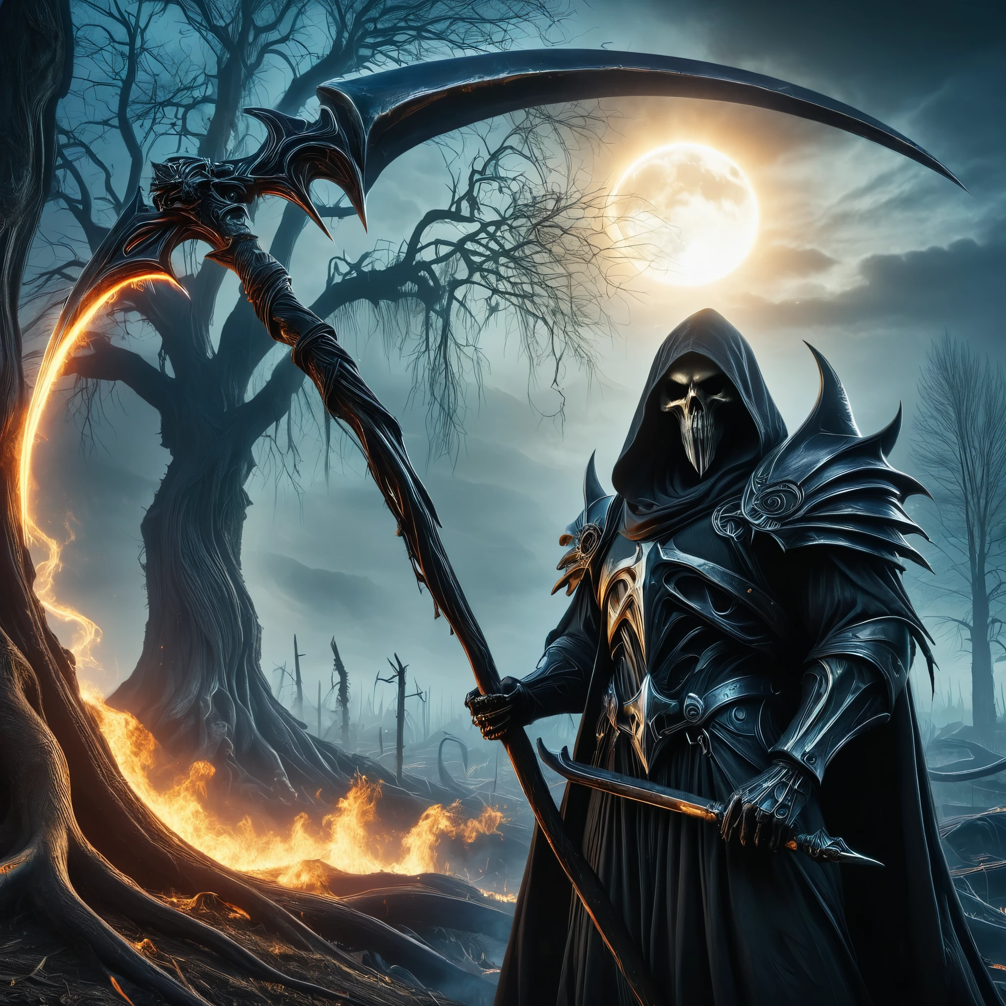 Grim reaper, Giant sickle, death scythe, shape that reaps life,end of the world, symbol of destruction, destruction, dark fantasy,smoke, rotten tree, solar eclipse, DonMN1gh7XL