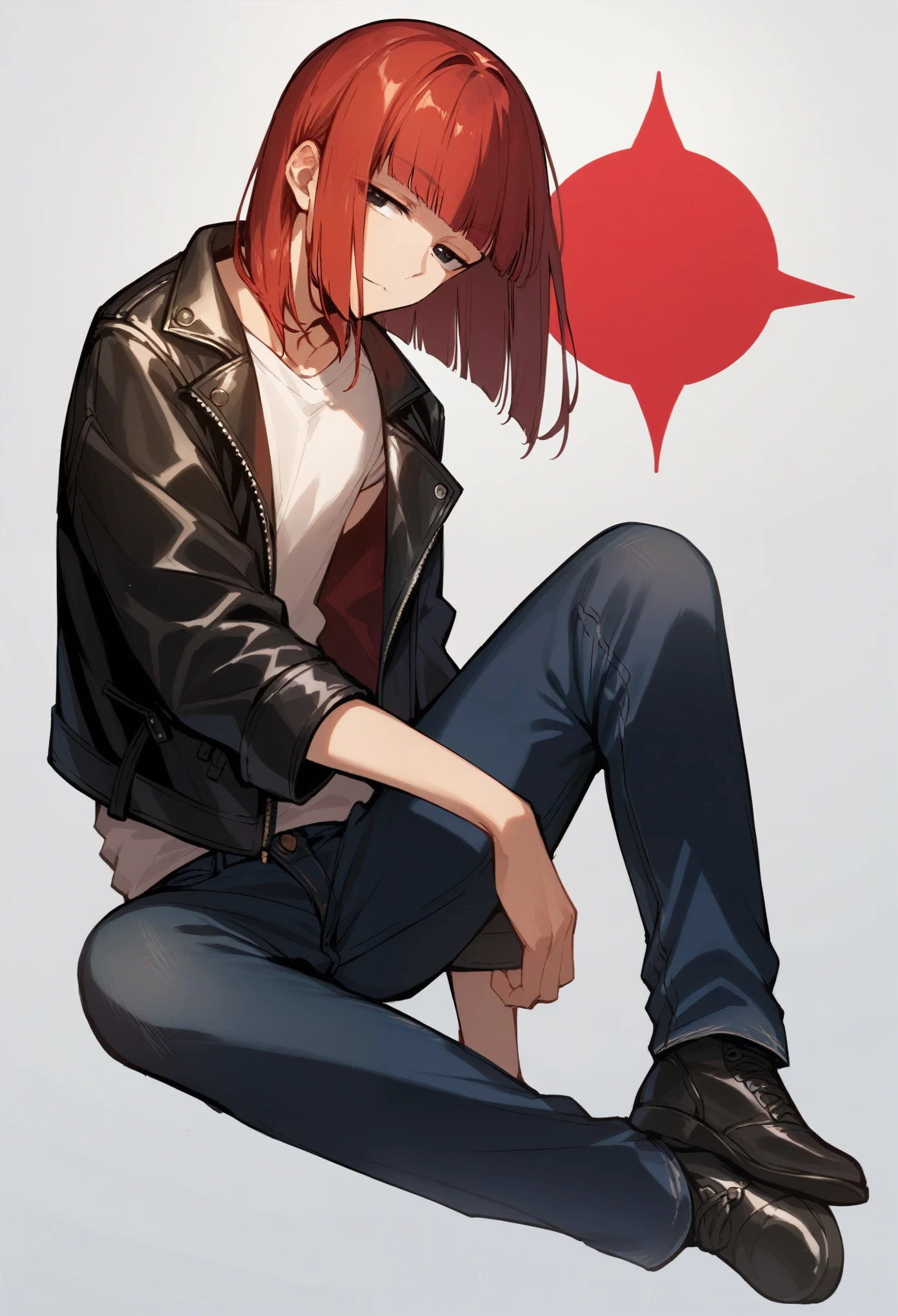 score_9, score_8_up, score_7_up, masterpiece, ultra-detailed, pretty eyes, 1man, solo,  red hair, Medium hair, hime cut, half closed eyes, Black Eyes,  Black leather jacket, Inner T shirt, White t shirt,  jeans , White background, Simple background, full body