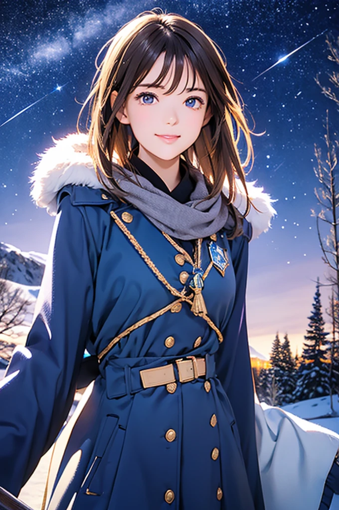 Shiny brown hair, short hair, (Beautiful brown eyes、Sparkling eyes, fine grain)、smile、Very beautiful eyes、Highly detailed face, Highly detailed eyes,
Night sky above the hills. winter, winter colors, winter landscape, Starry Sky, Sky Blue Prussian Blue Cobalt Blue Purple Cyan. planet, Twinkle Star, shooting star, wood々is fluttering in the wind, thre beautiful  girl in winter clothes observes the starry sky with a dreamy look.