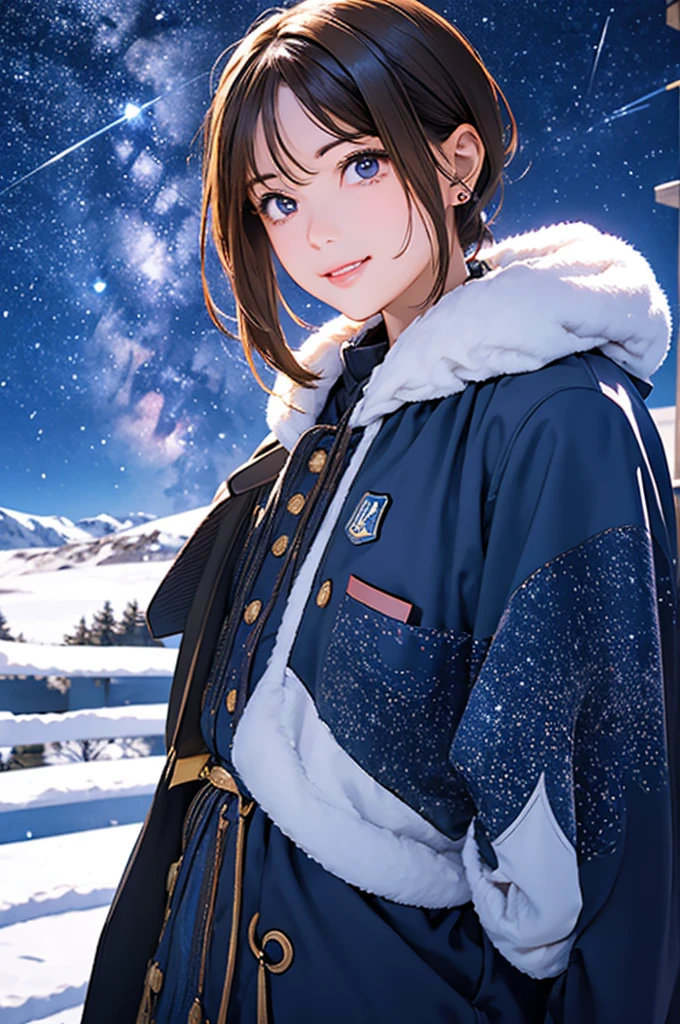 Shiny brown hair, short hair, (Beautiful brown eyes、Sparkling eyes, fine grain)、smile、Very beautiful eyes、Highly detailed face, Highly detailed eyes,
Night sky above the hills. winter, winter colors, winter landscape, Starry Sky, Sky Blue Prussian Blue Cobalt Blue Purple Cyan. planet, Twinkle Star, shooting star, wood々is fluttering in the wind, thre beautiful  girl in winter clothes observes the starry sky with a dreamy look.