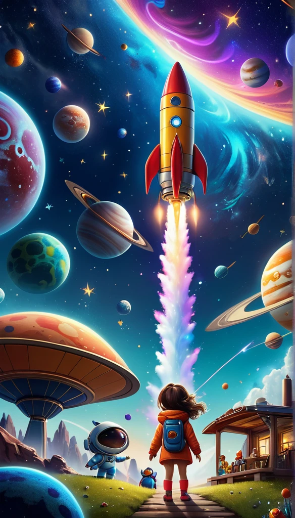 a whimsical illustrated digital art of cute characters in a cosmic scene, a rocket launching amidst planets and stars, in a cozy, calm and detailed style, with cute features, illustrated in a colorful and imaginative manner, best quality, 4k, 8k, highres, masterpiece:1.2, ultra-detailed, realistic, photorealistic, photo-realistic:1.37, HDR, UHD, studio lighting, ultra-fine painting, sharp focus, physically-based rendering, extreme detail description, professional, vivid colors, bokeh, cute illustration, cute art, cute digital art, children's illustration